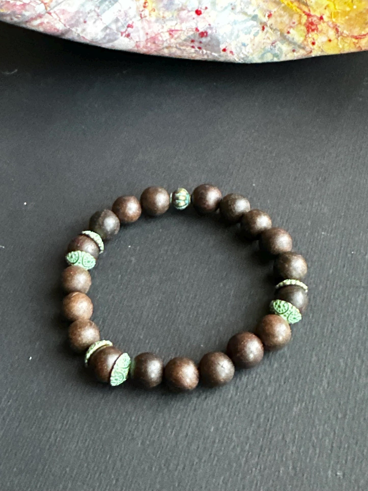 Espresso Wood Beaded Bracelet with Inlaid Brass Accent Beads