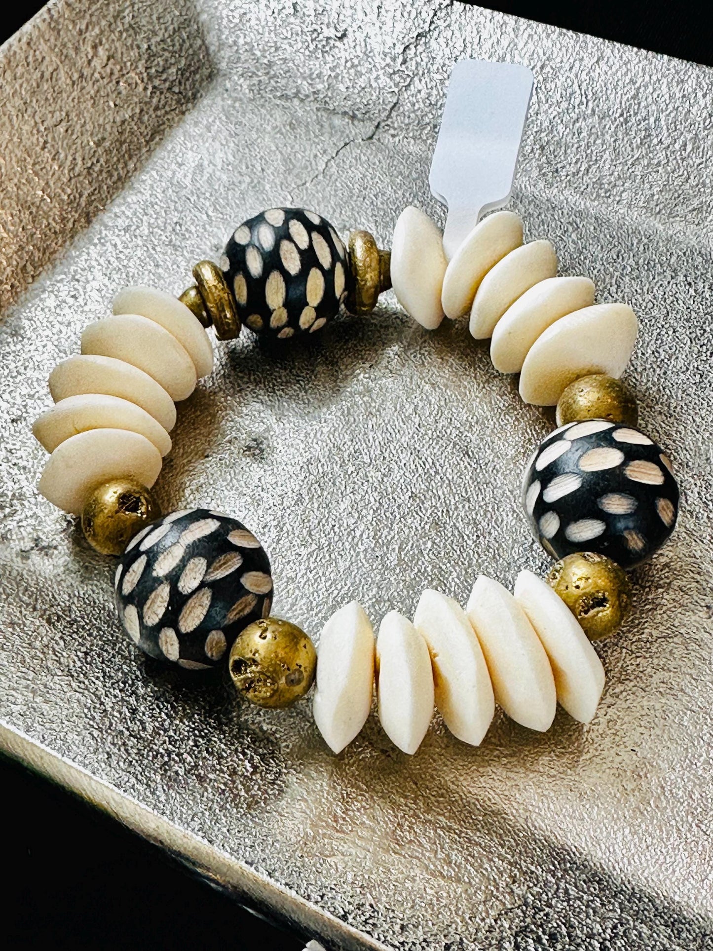 Black and Cream Carved Philippine Wood Beads with Saucer Bone and Brass Filigree Beads