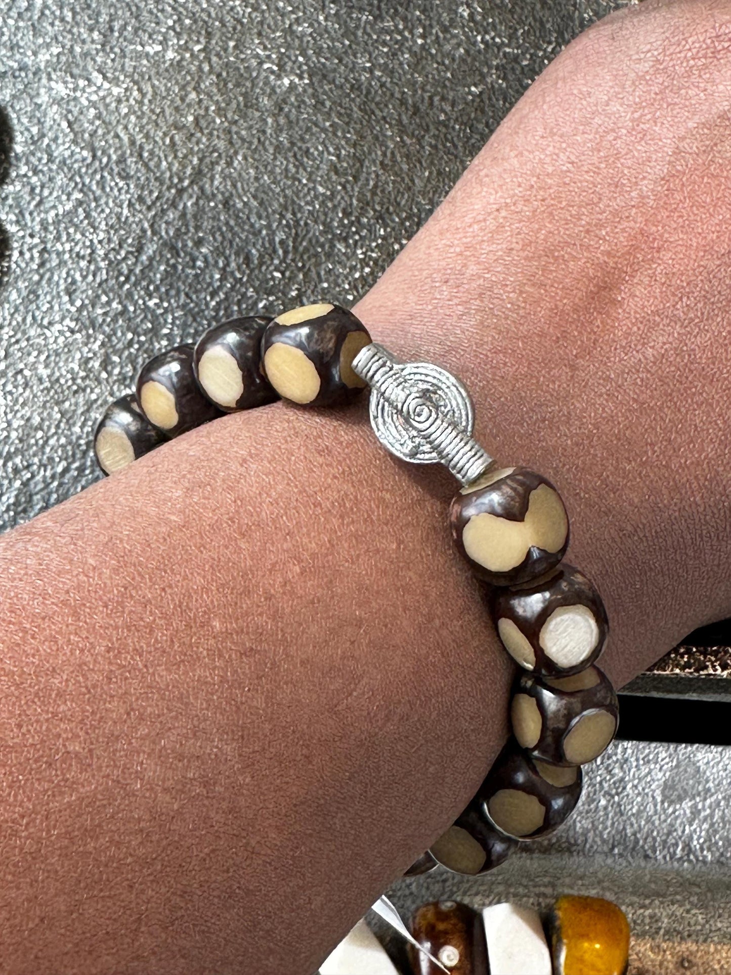 Carved Nut Wood Faceted Beaded Bracelet