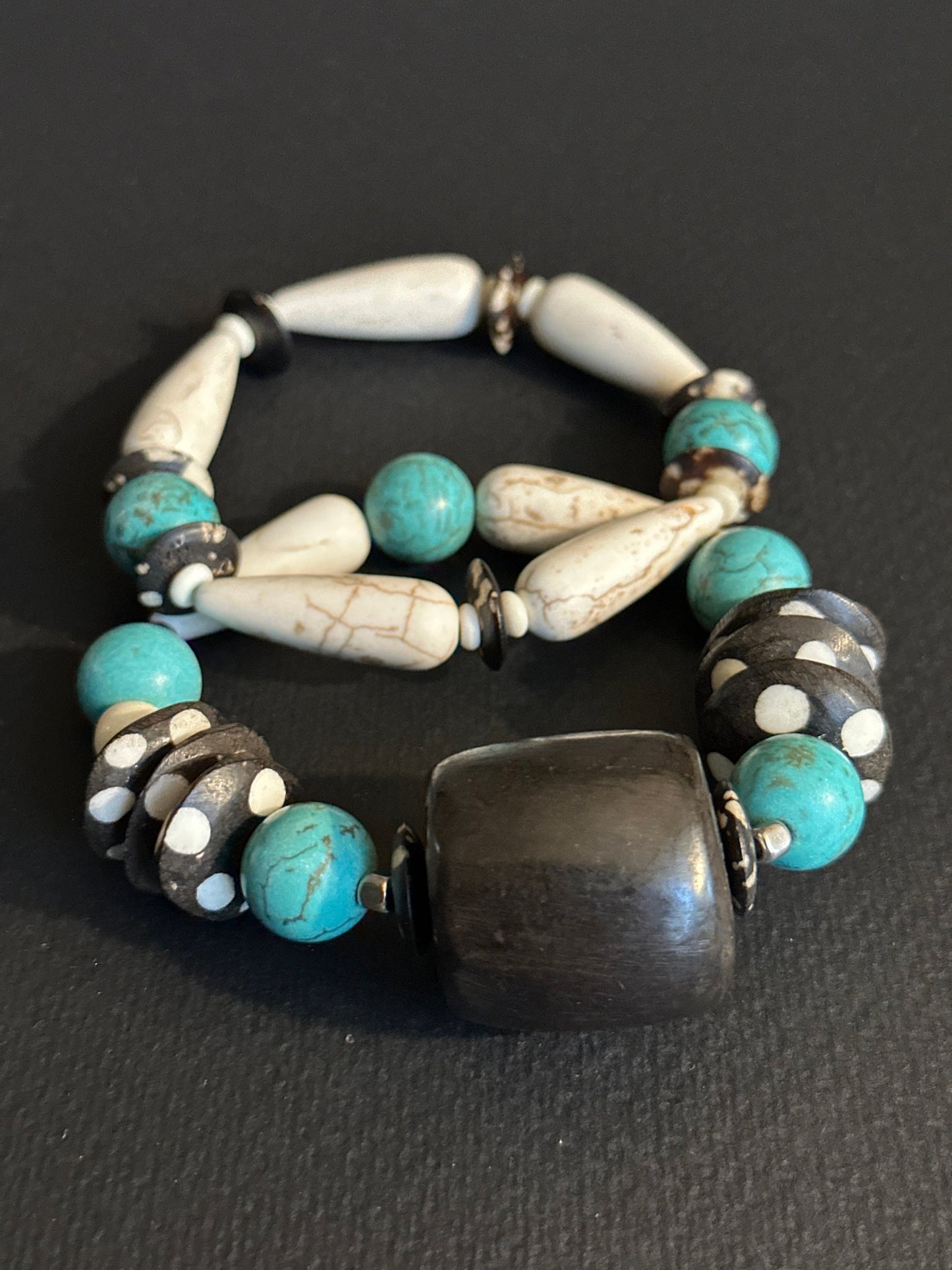 Turquoise Colored Brown and Cream Large Chunky Beaded Bracelet