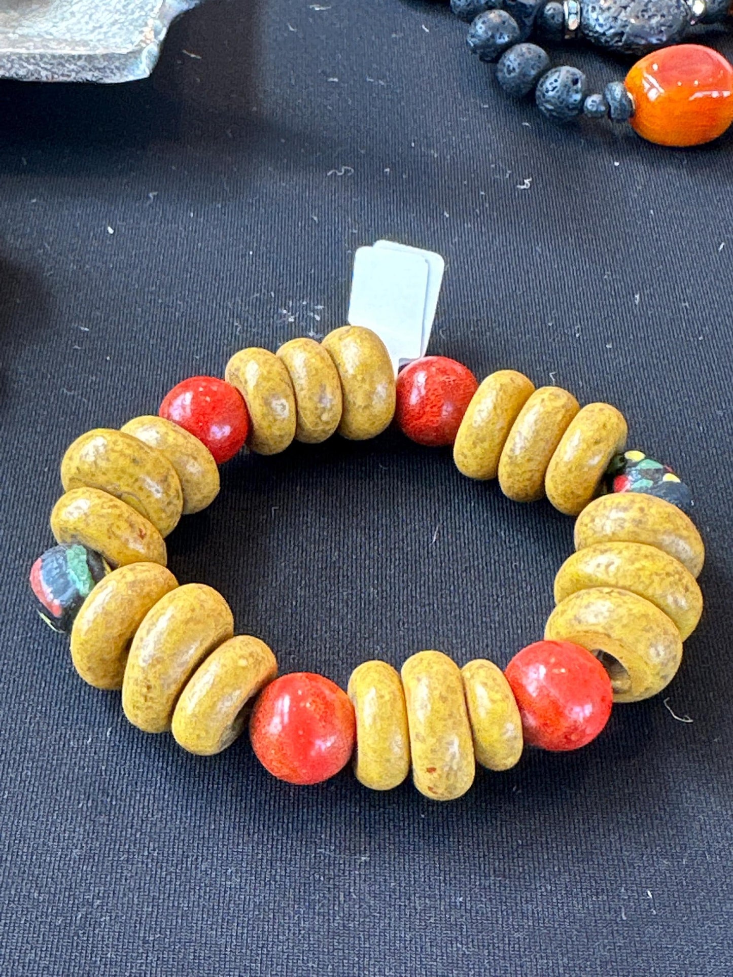 Mustard Gold and Red Clay, Ceramic and Java Beaded Bracelet