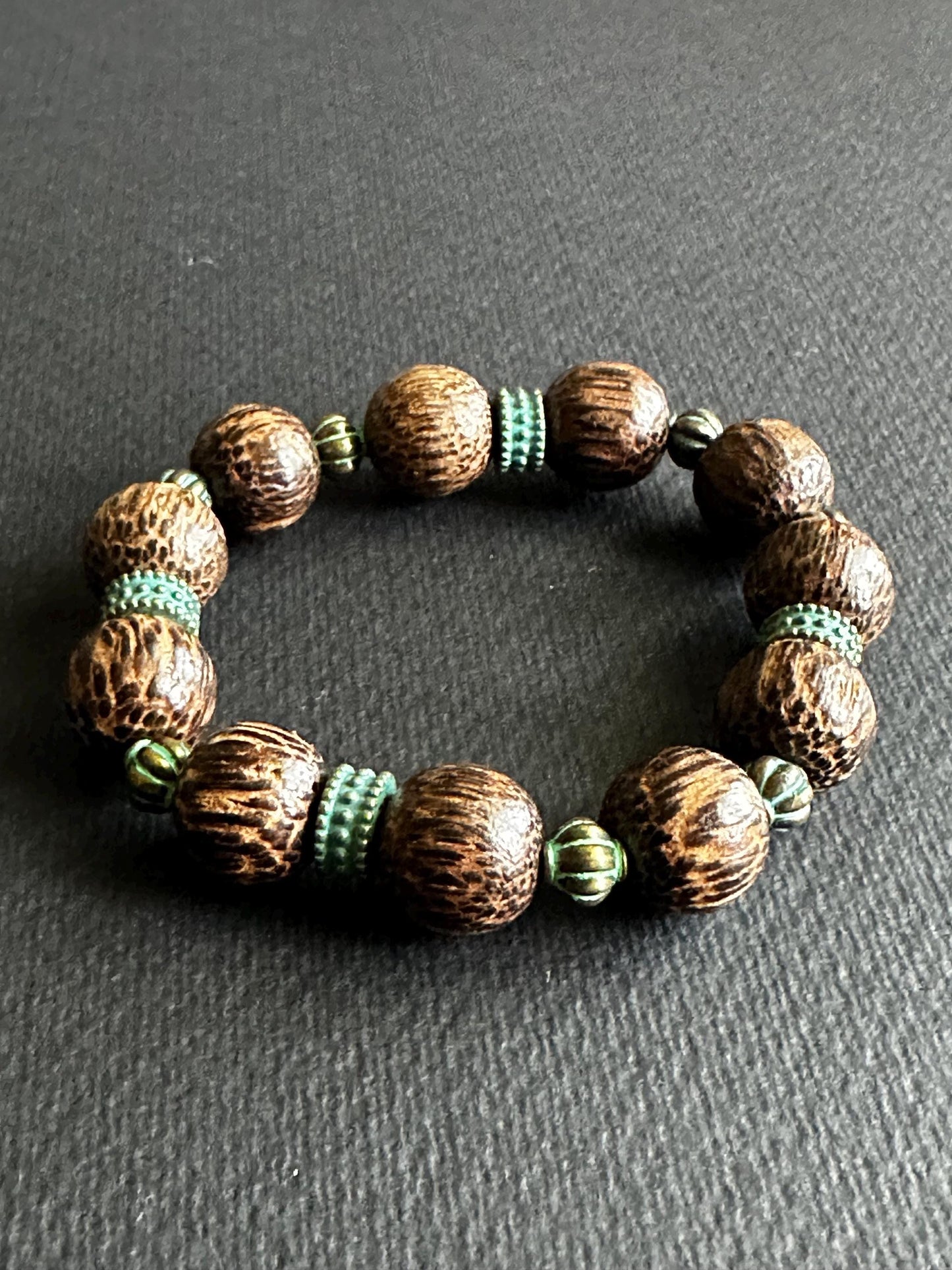 Brown and Blue Wood Beaded Bracelet Handmade and OOAK