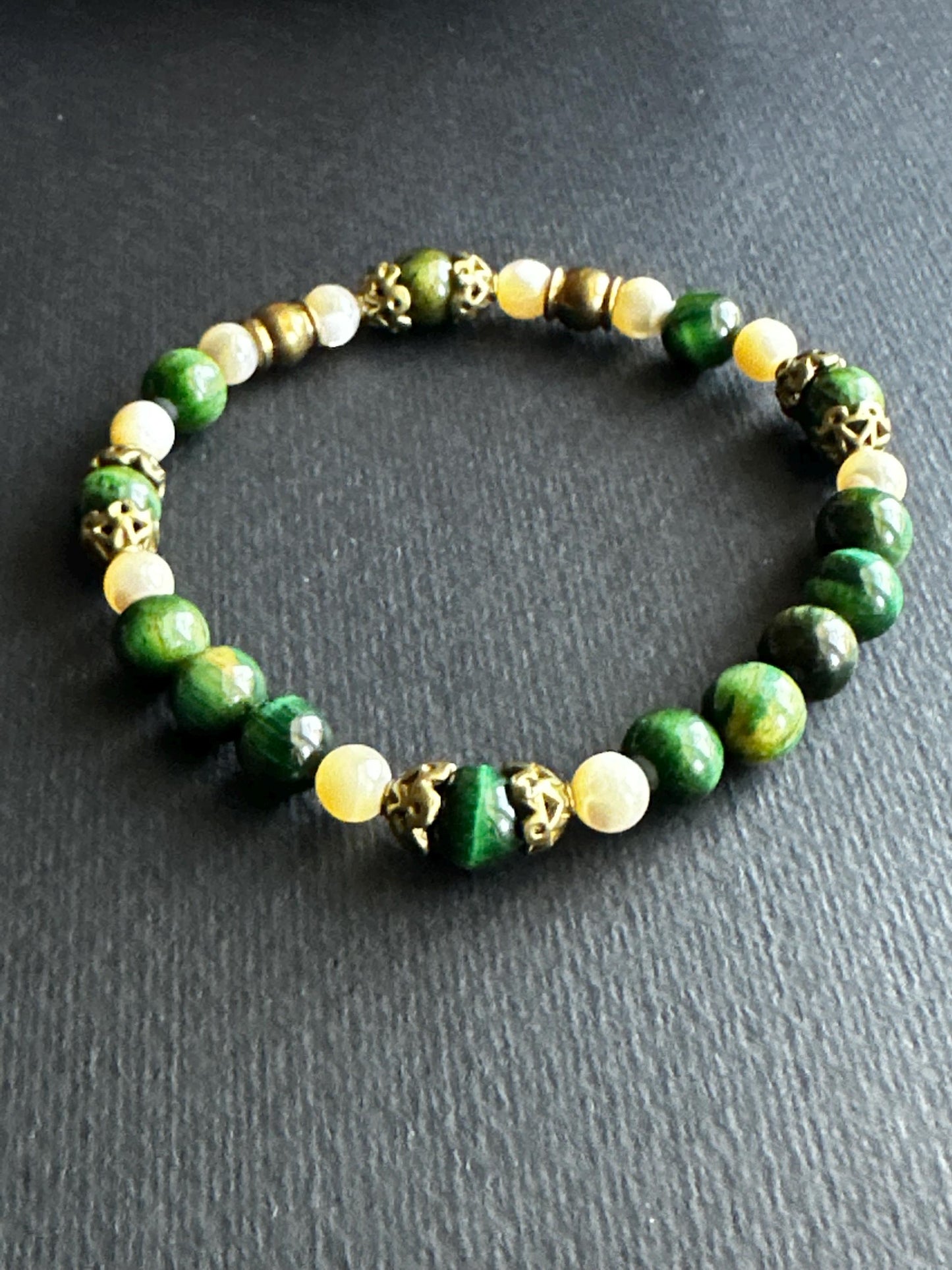 A Blend of Gems Black, Green, Brown and Cream Unisex Beaded Bracelet