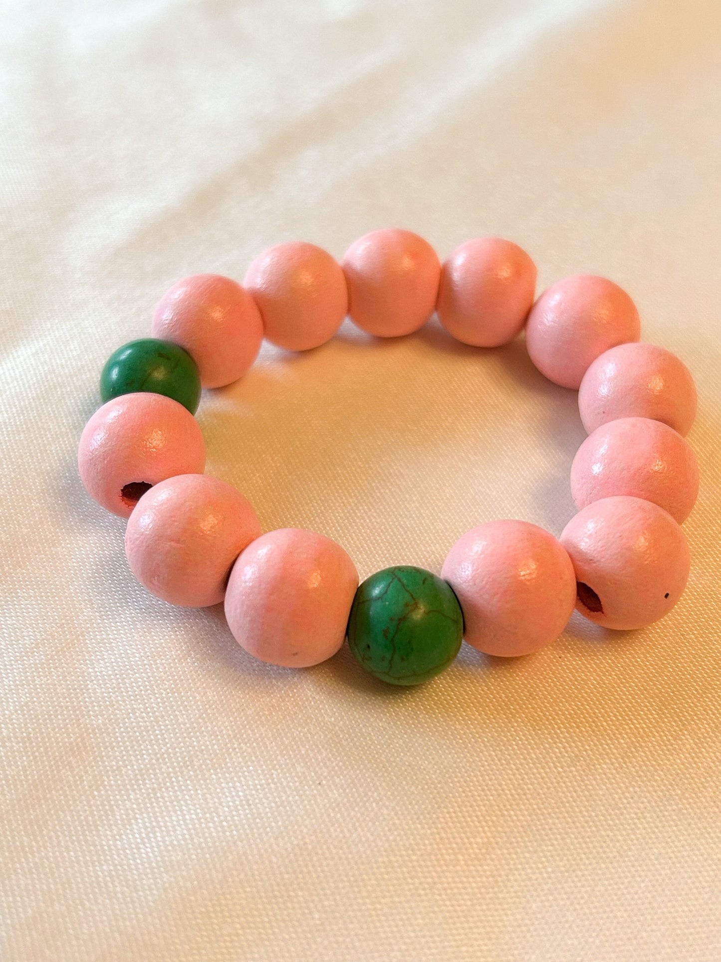 Pink and Green Painted Wood Beaded Bracelet