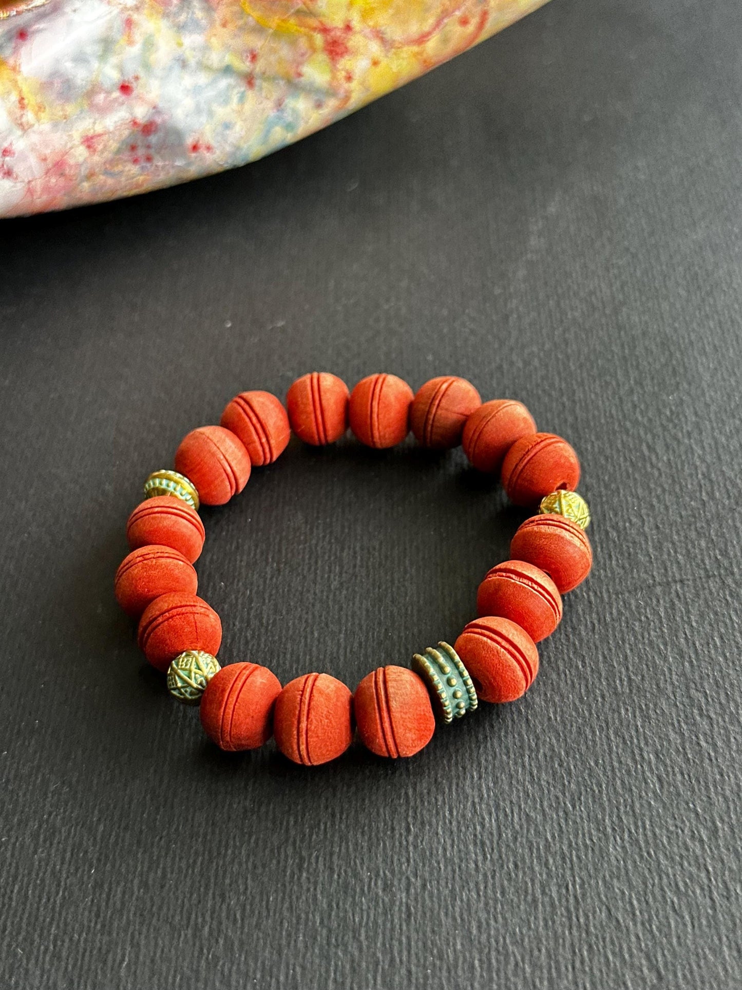 Carved Wood and Metal Unisex Bracelet