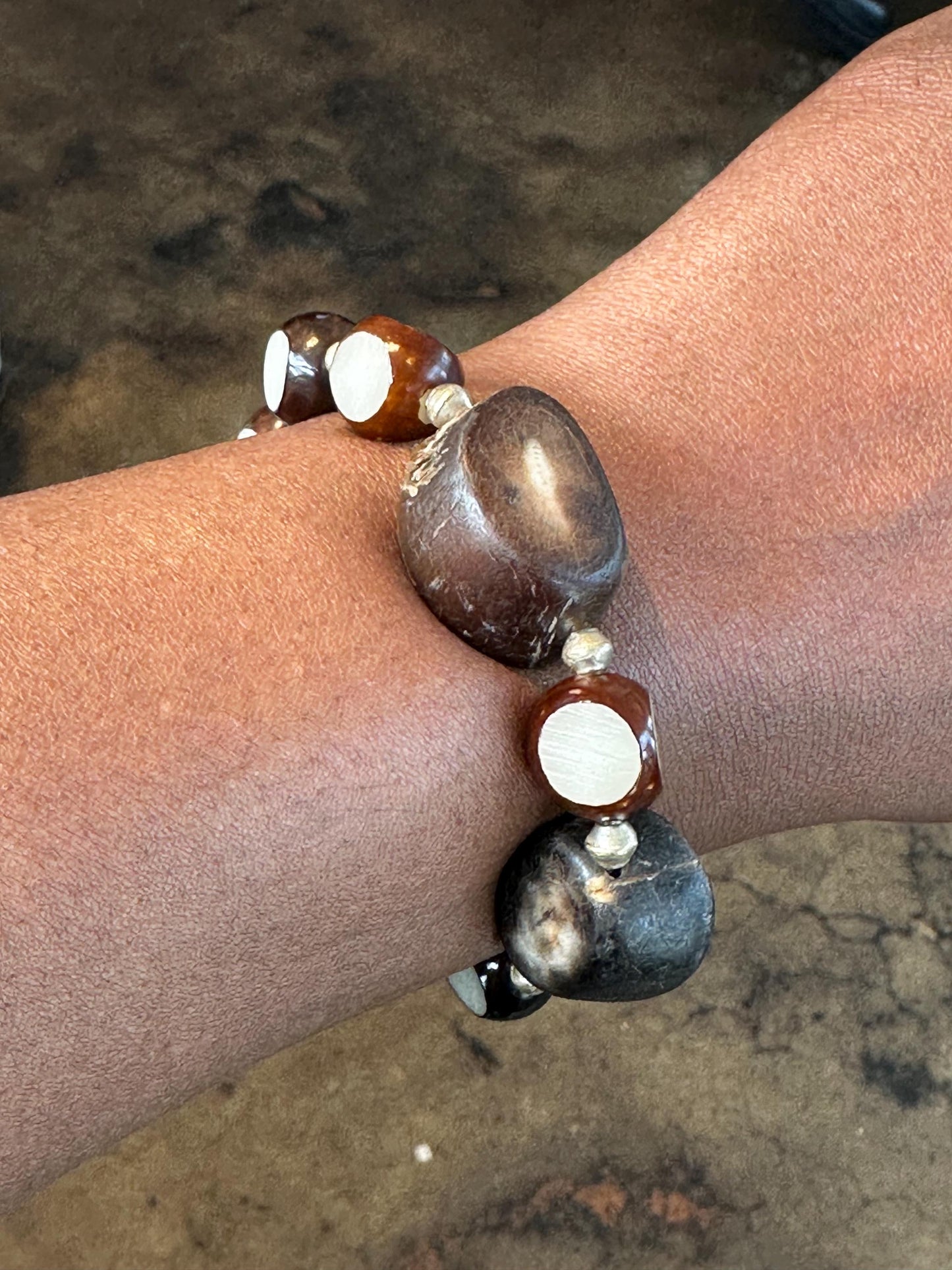 Carved Nut Wood Faceted Beaded Bracelet