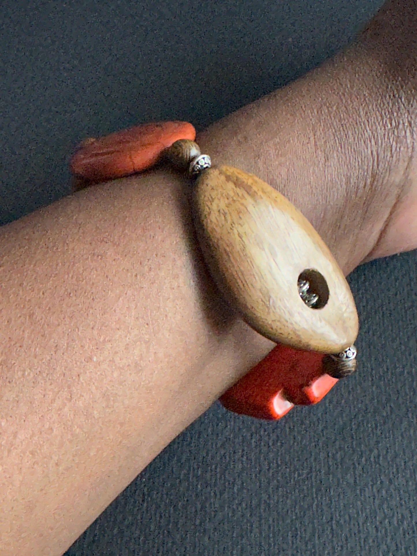 Tan and Orange Wood and Ceramic 7.5 inch Fall OOAK Bracelet