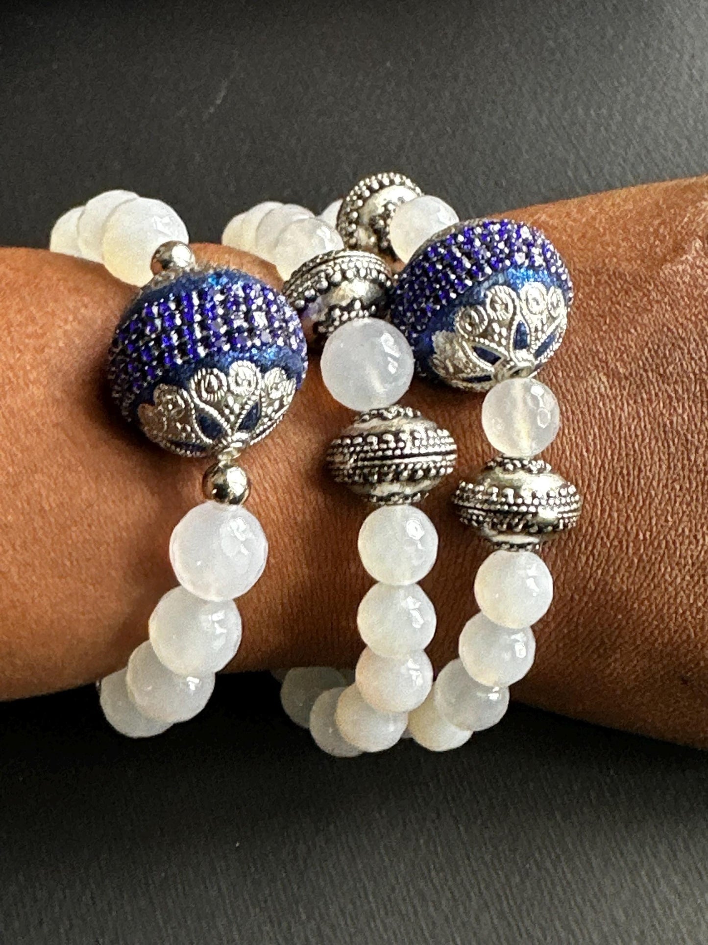Blue and White Winter Bliss Bracelet Stack Featuring White Agate Beads