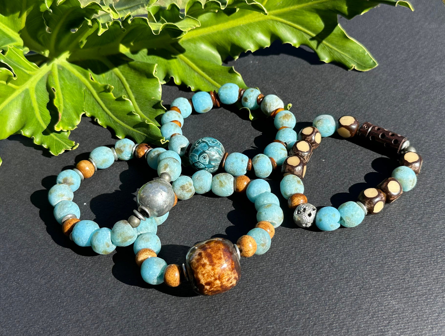 Vintage Turquoise Colored Recycled Glass and Brown Wood Bracelet