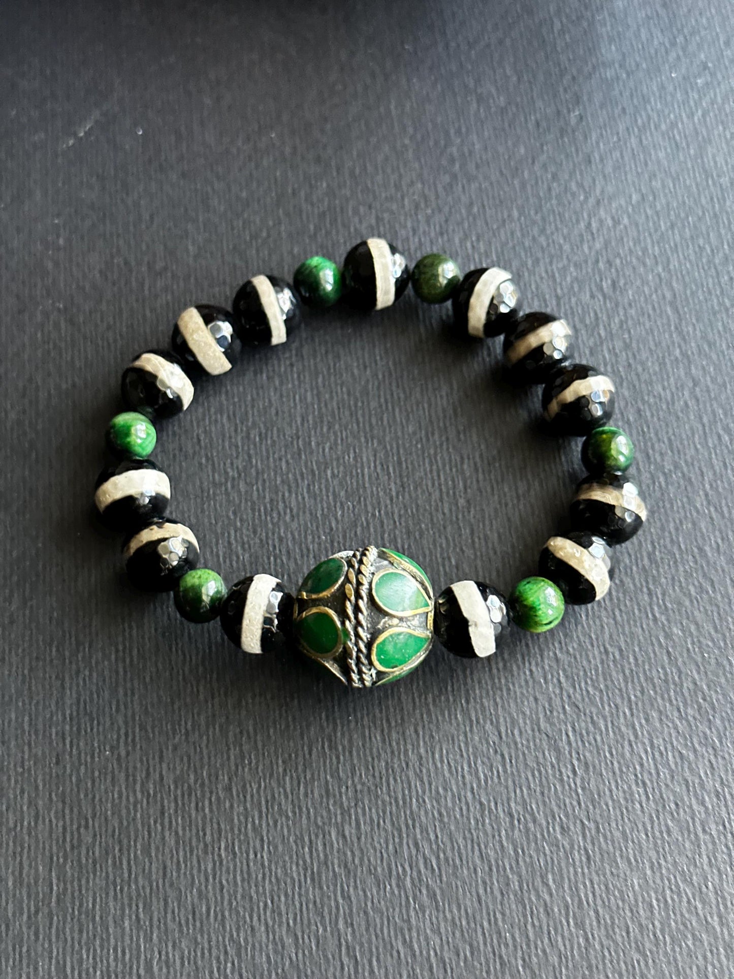 A Blend of Gems Black, Green, Brown and Cream Unisex Beaded Bracelet