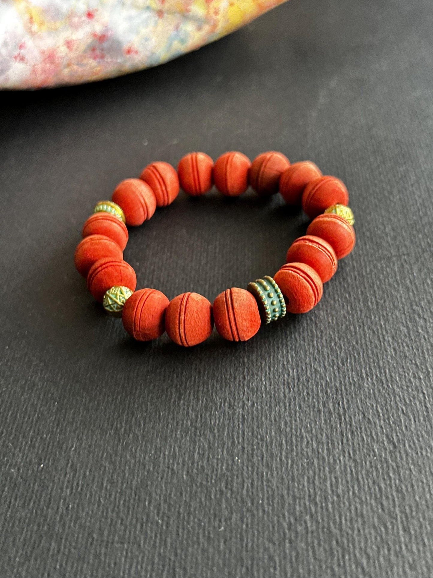 Carved Wood and Metal Unisex Bracelet