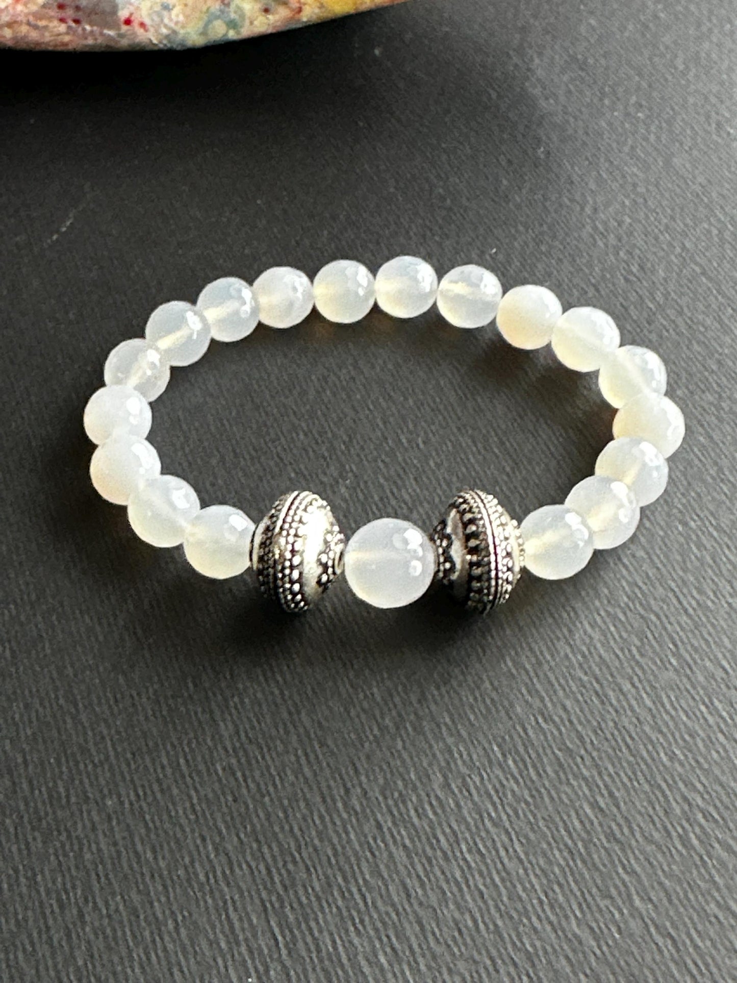 Blue and White Winter Bliss Bracelet Stack Featuring White Agate Beads