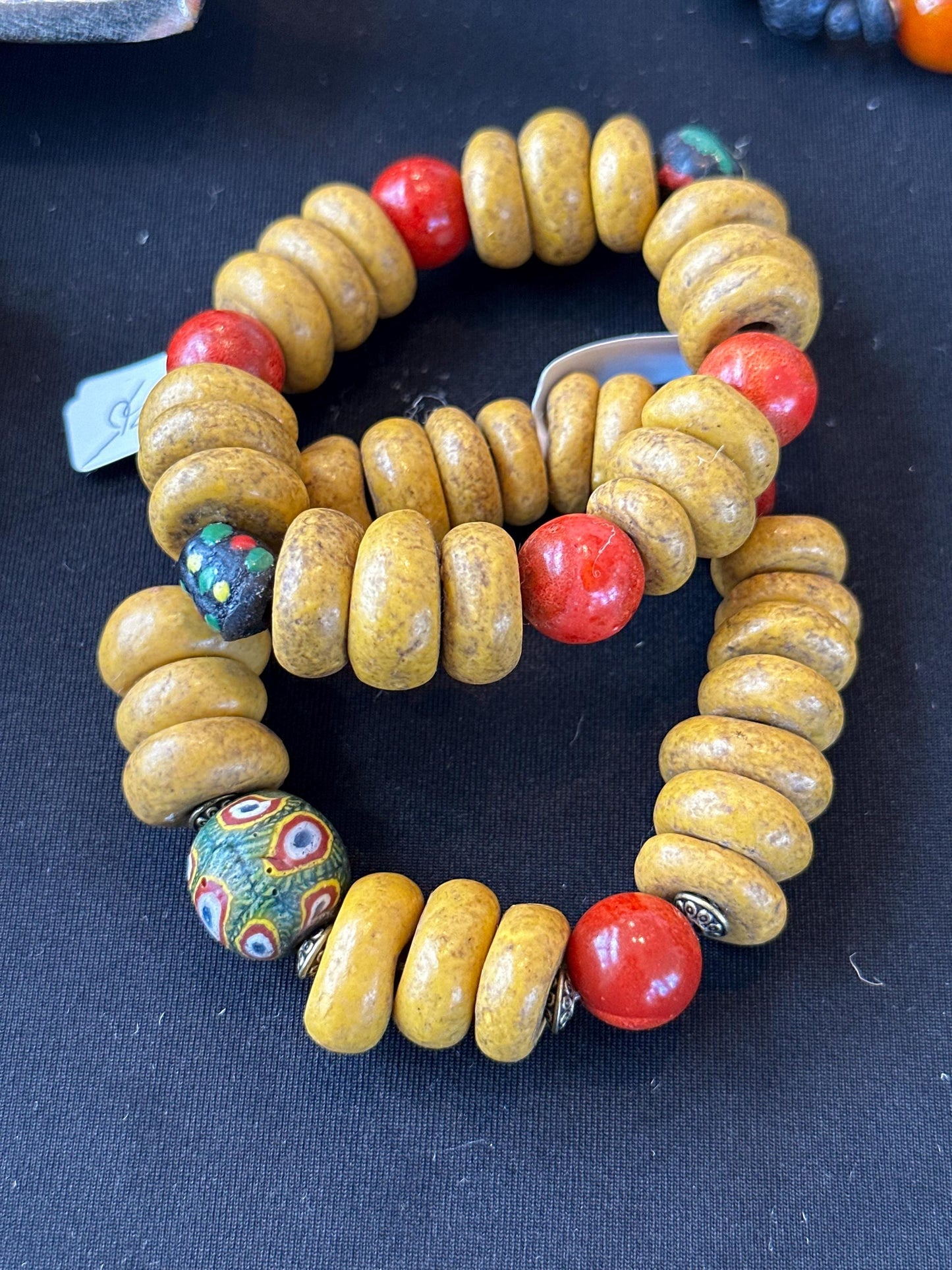 Mustard Gold and Red Clay, Ceramic and Java Beaded Bracelet