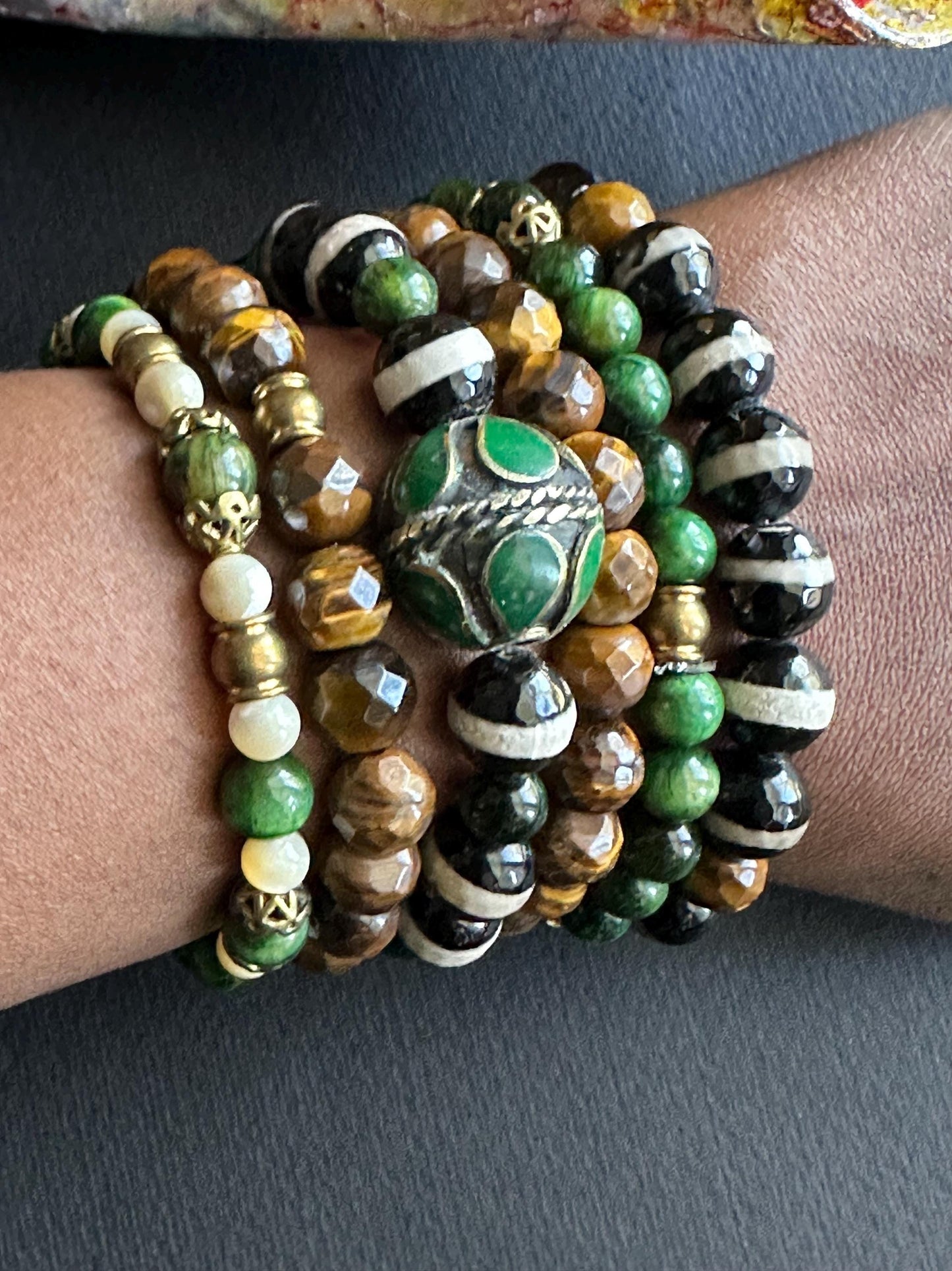 A Blend of Gems Black, Green, Brown and Cream Unisex Beaded Bracelet