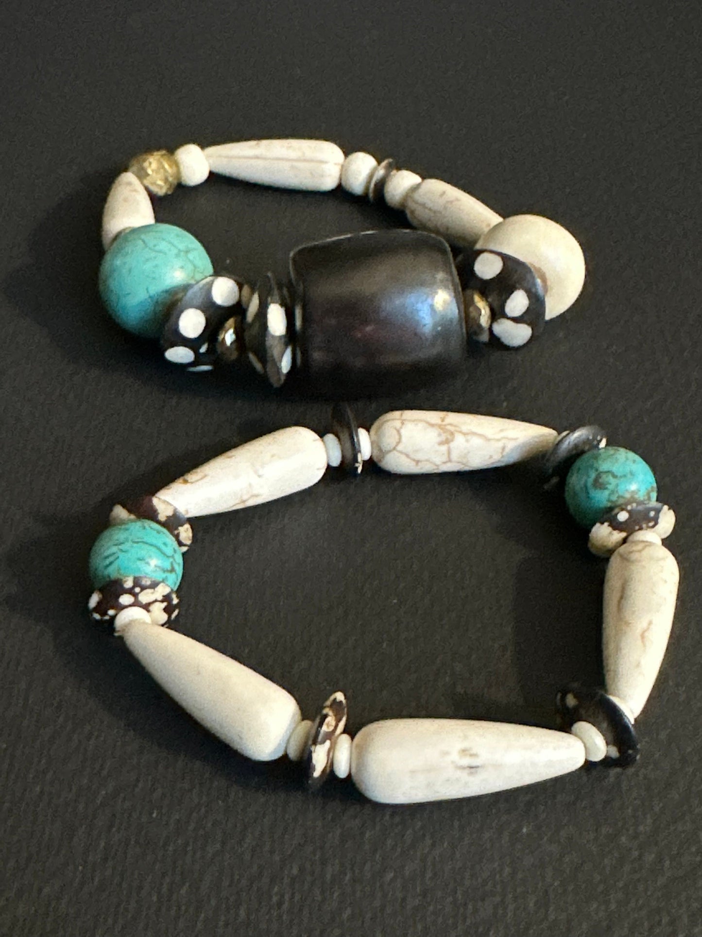 Turquoise Colored Brown and Cream Large Chunky Beaded Bracelet