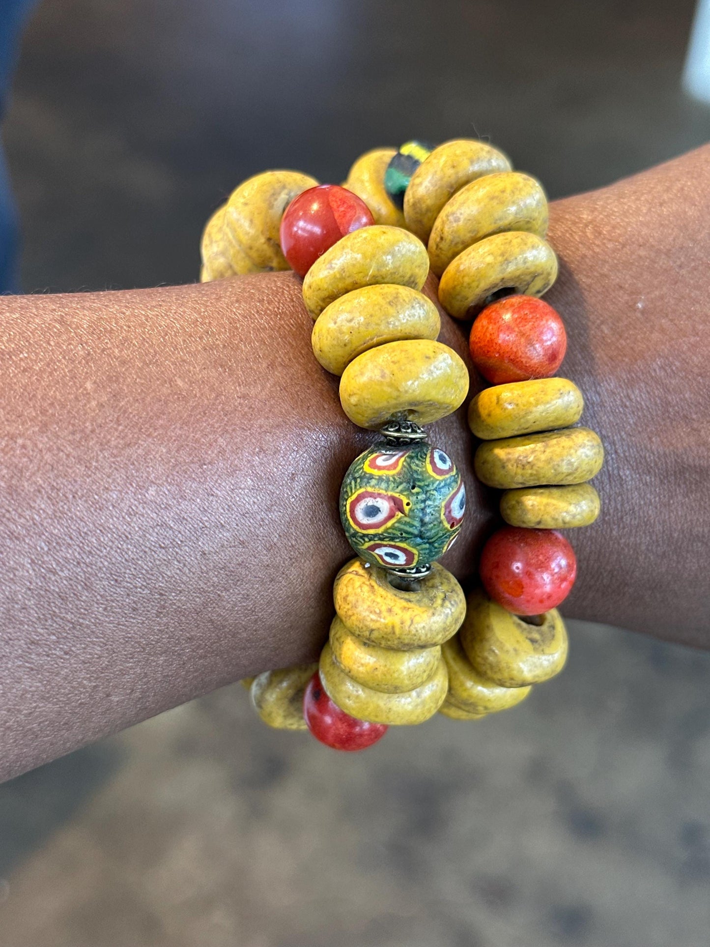 Mustard Gold and Red Clay, Ceramic and Java Beaded Bracelet