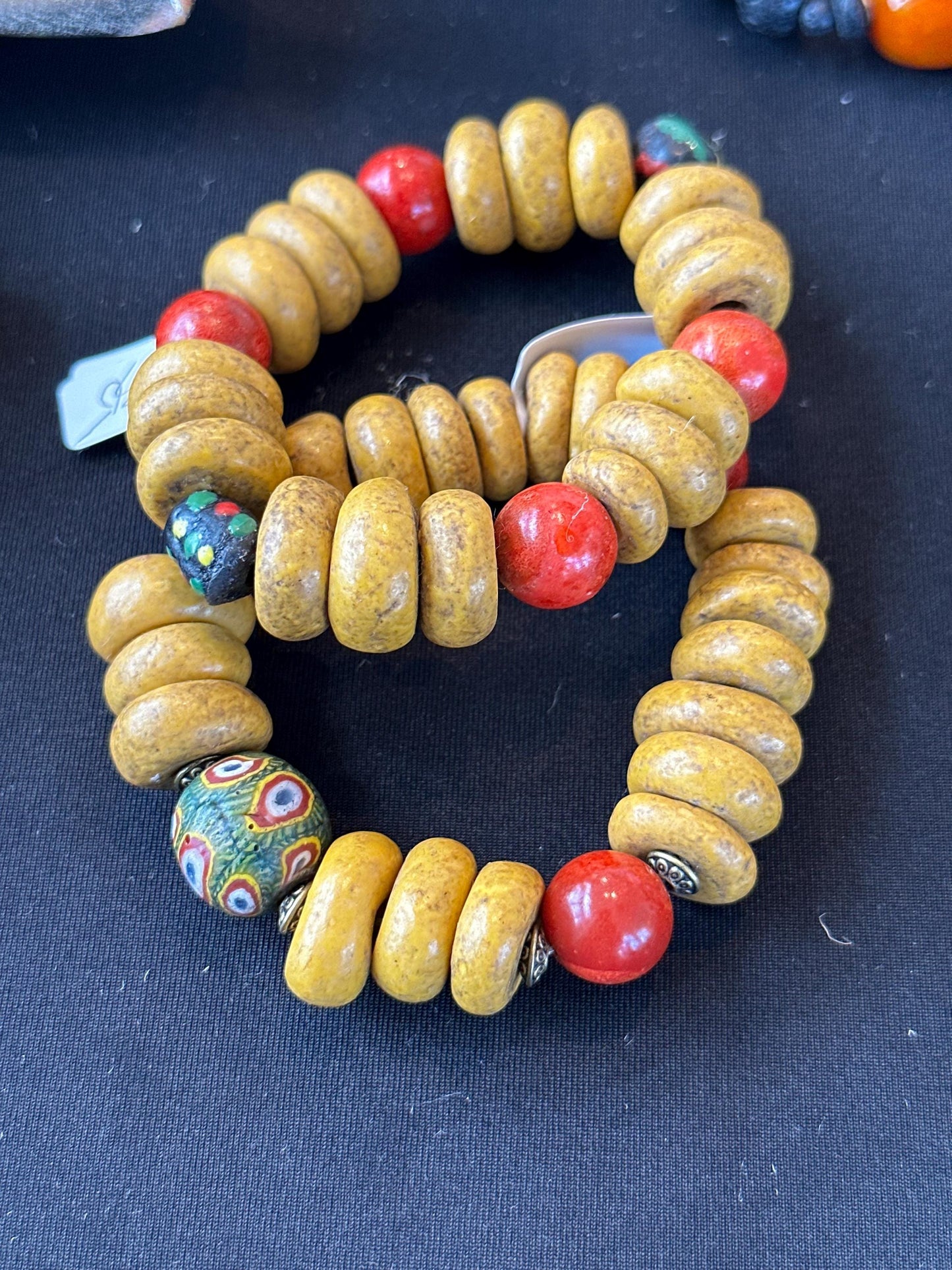 Mustard Gold and Red Clay, Ceramic and Java Beaded Bracelet