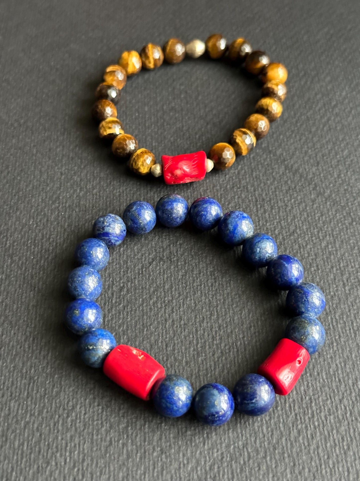 Lapis and Dyed Red Coral Unisex Beaded Bracelet