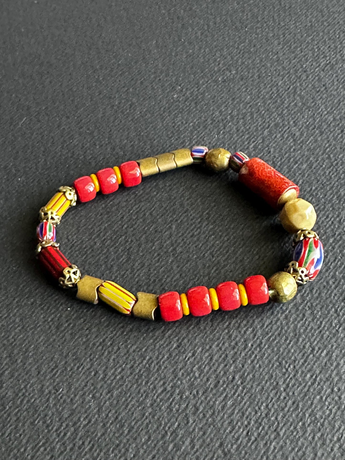 Red Coral Bracelet with African Chevron Beads & Brass Accents | Handmade Unisex Tribal Jewelry | OOAK
