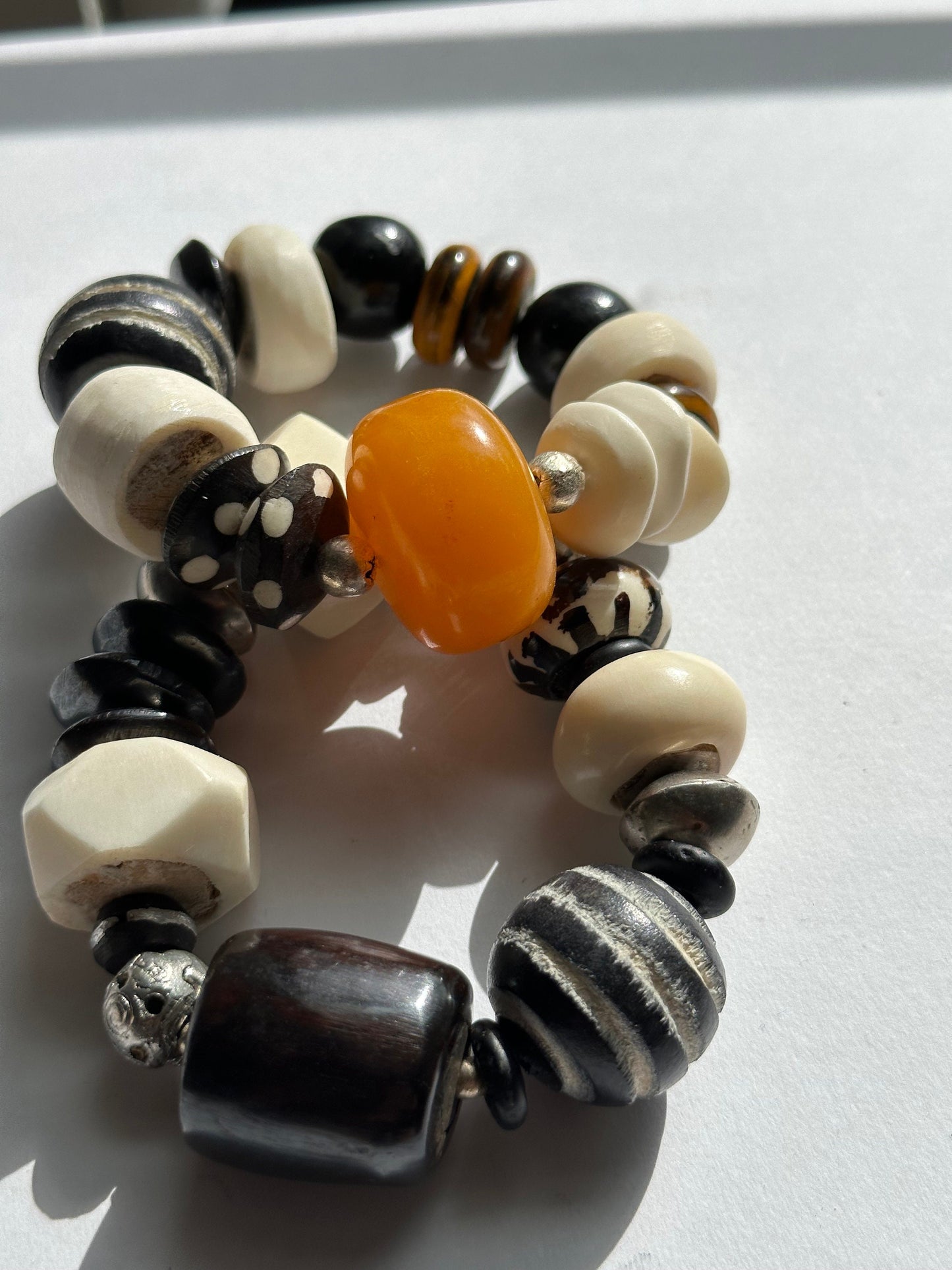 Large Batik Barrel Bone Focal Beaded Bracelet with Wood Saucer Round Faceted and Sauce White Bone Beaded Bracelet