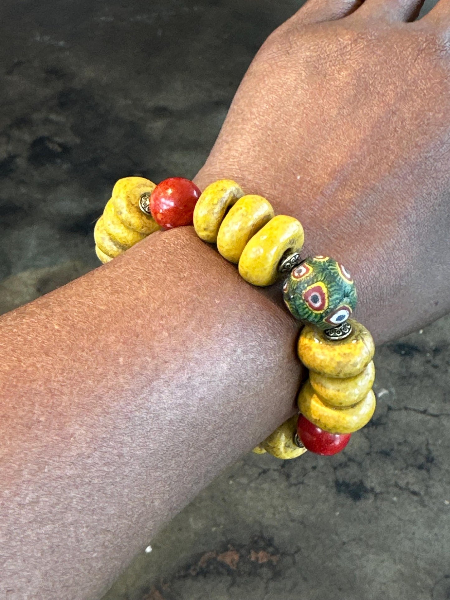 Mustard Gold and Red Clay, Ceramic and Java Beaded Bracelet