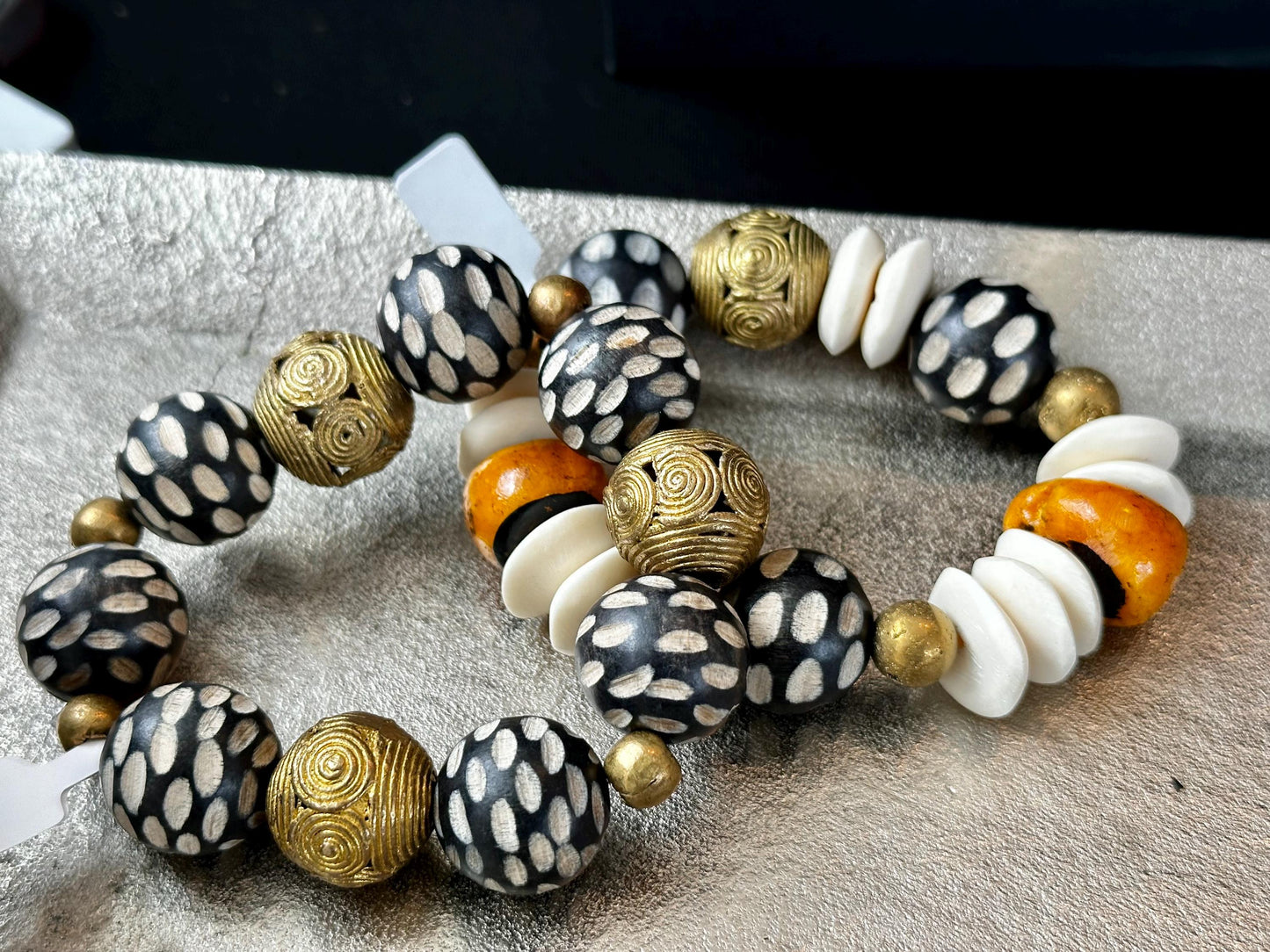 Black and Cream Carved Philippine Wood Beads with Saucer Bone and Brass Filigree Beads