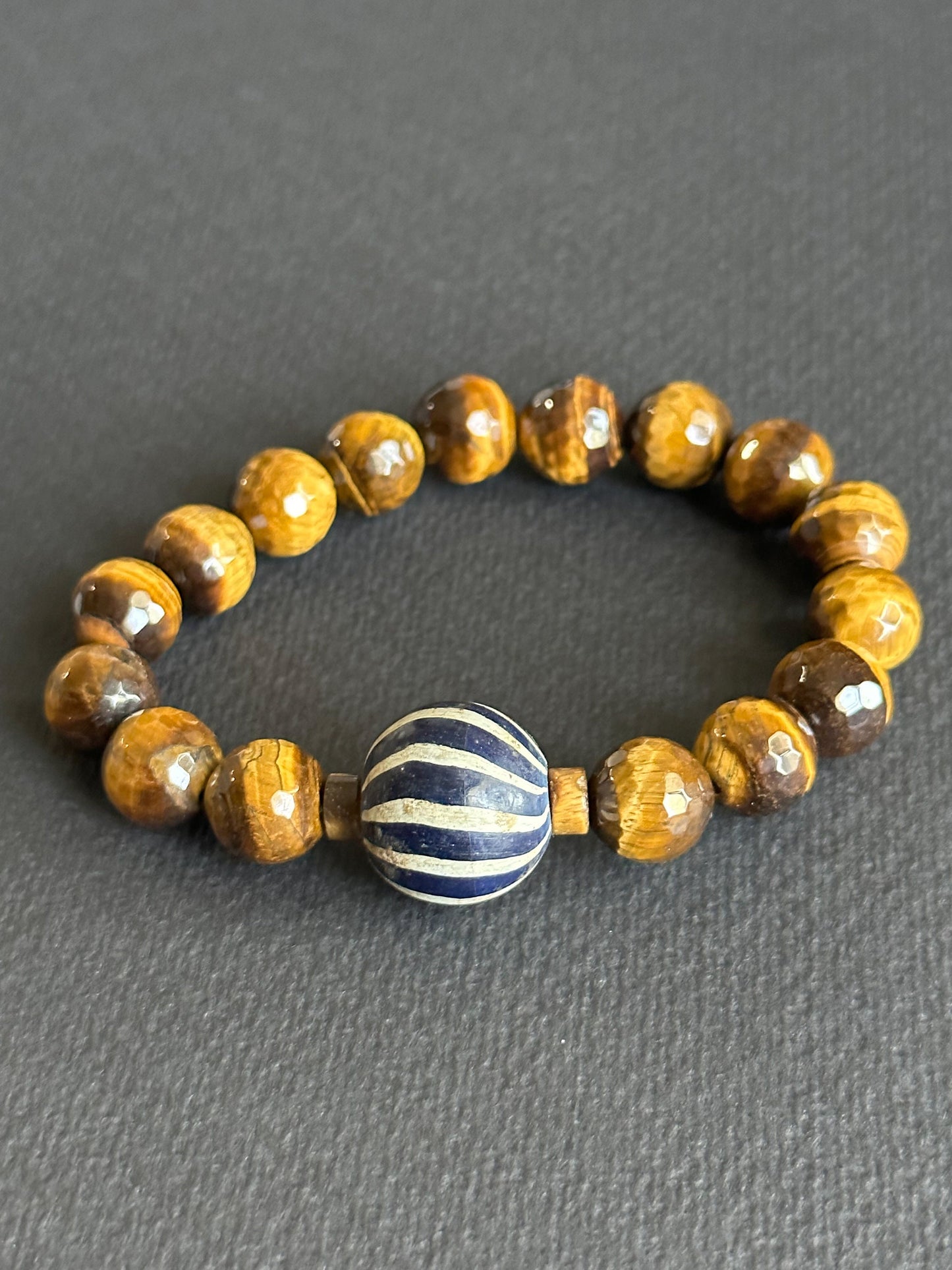 Tiger’s Eye Unisex Bracelet with Navy and White Java Focal Bead