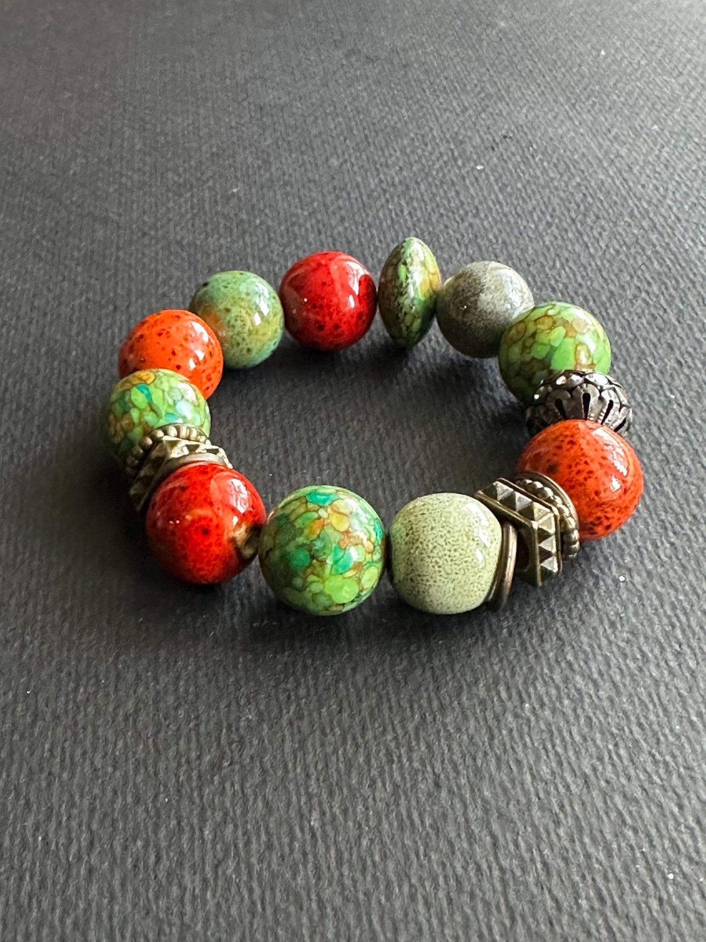 Green, Red & Orange Ceramic and Metal Unisex Bracelet