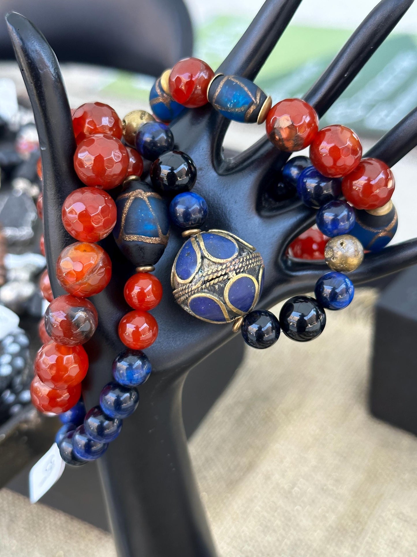 Blue and Orange Gemstone Beaded Bracelet Set