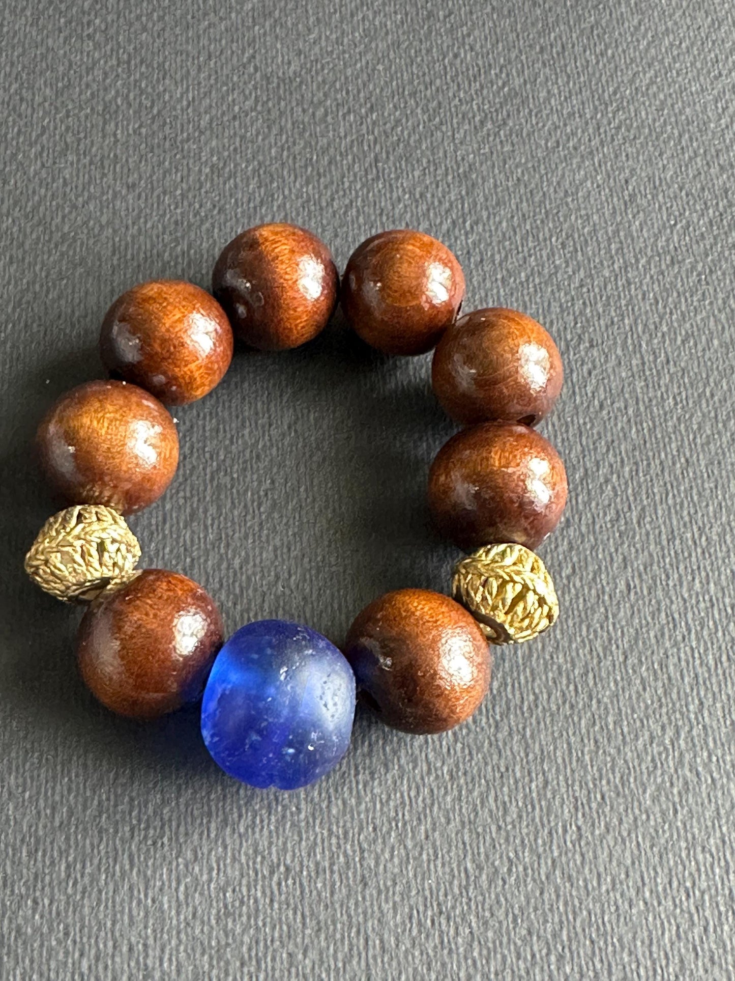 Large Wood Boho with Blue Recycled Glass Focal Bead Unisex Bracelet for Men and Women