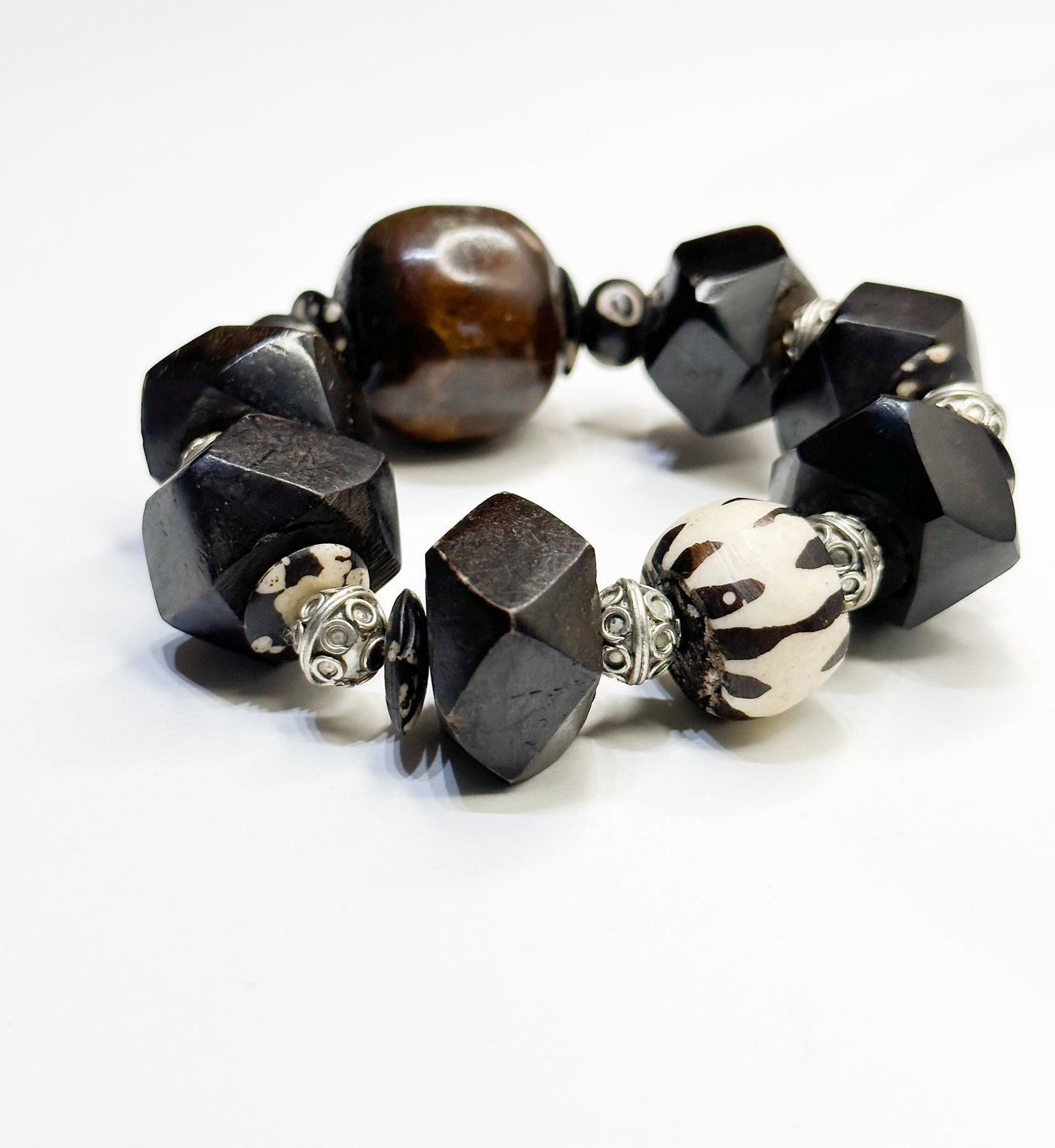 Faceted Wood Unisex Tribal Bracelet with Brown and Silver Berber Accent Beads
