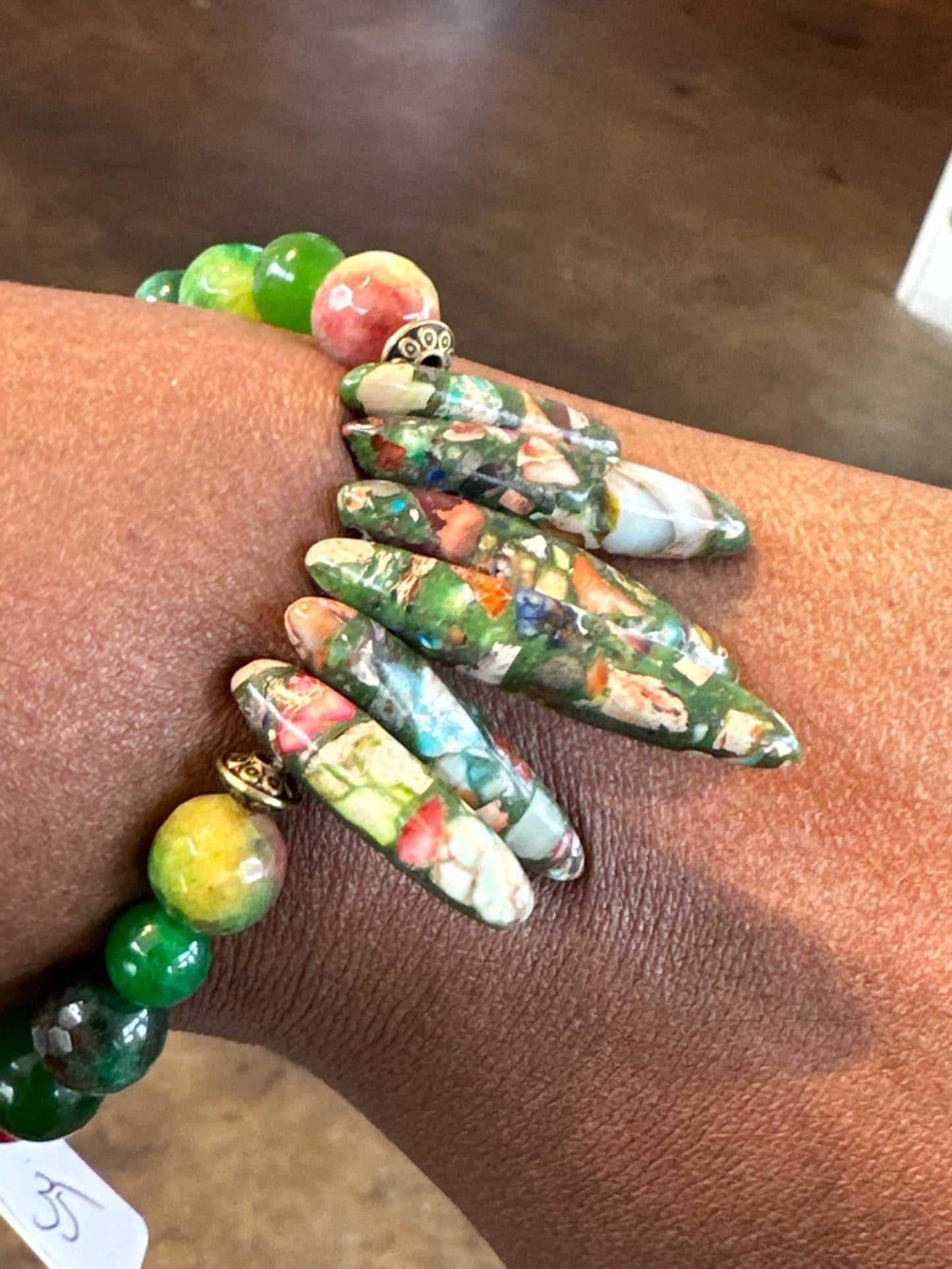 Green and Pink Multi Bracelet with Spiked Focal Beads