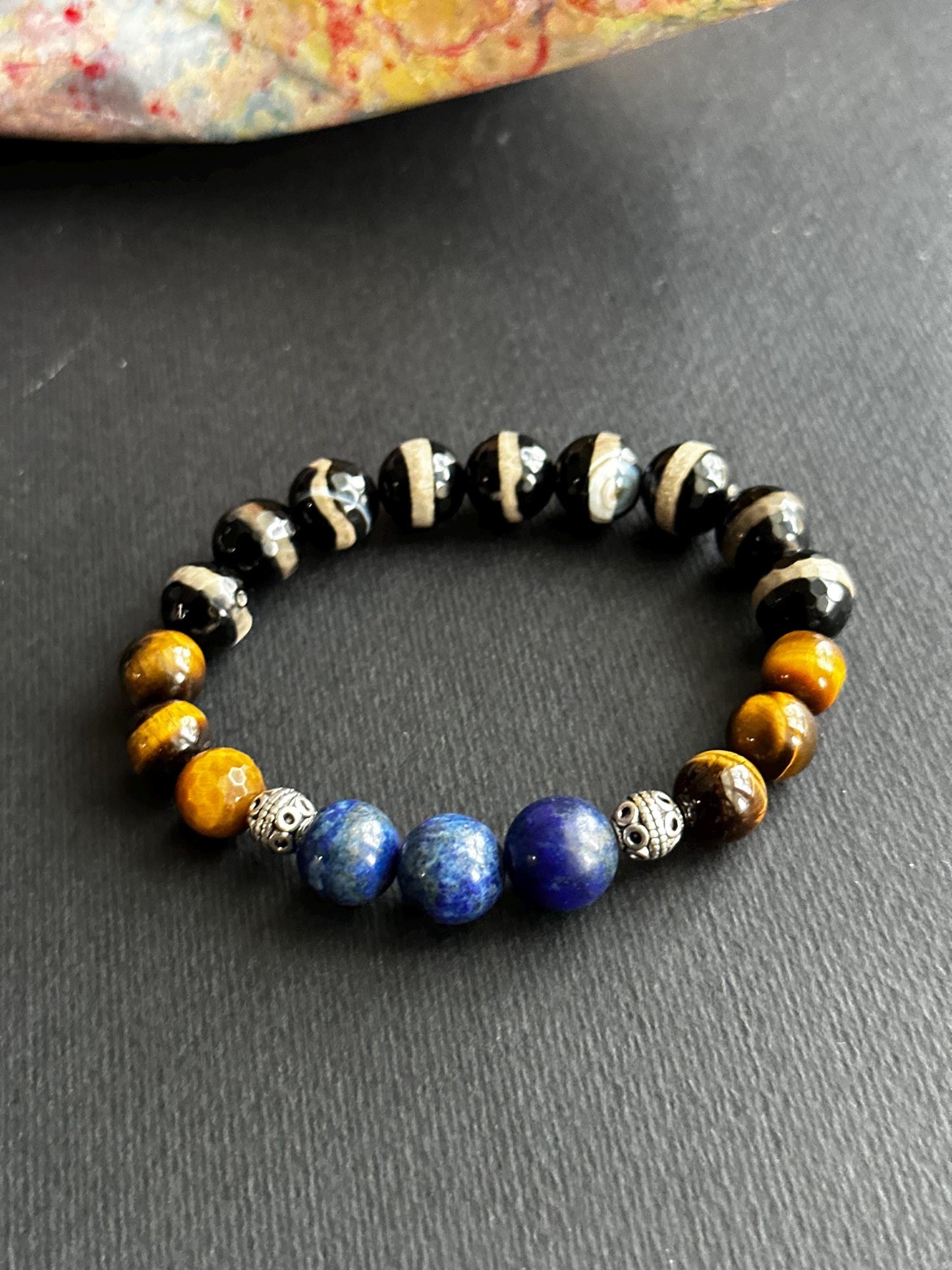 Unisex Black and White Agate with Tiger’s Eye and Lapis Beaded Bracelet for Women and Men