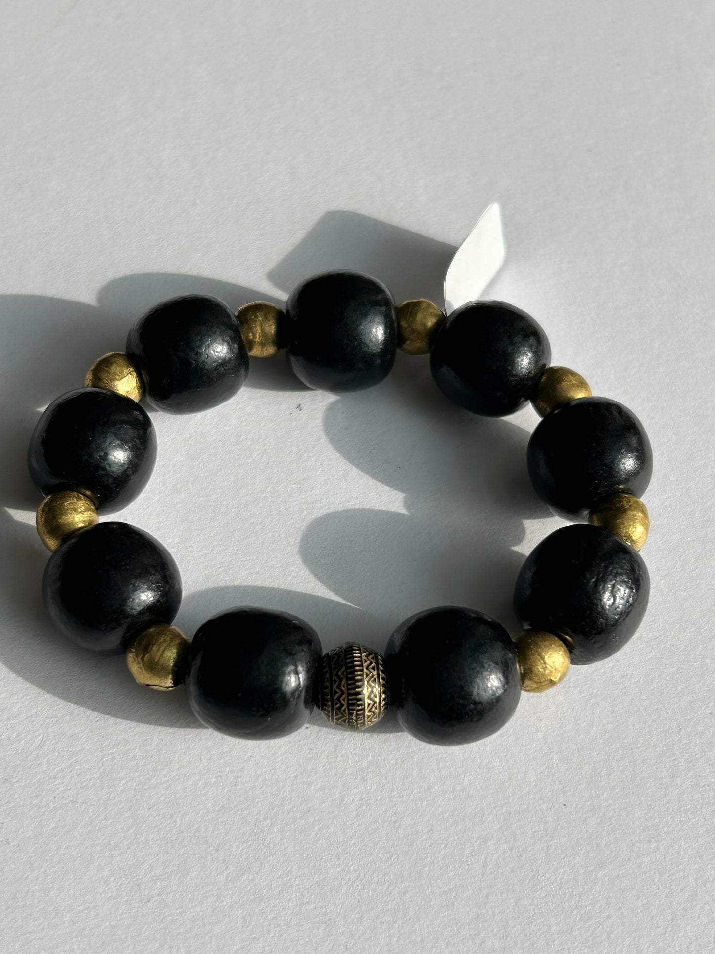 Black Wood Beaded Bracelet with Gold Accents