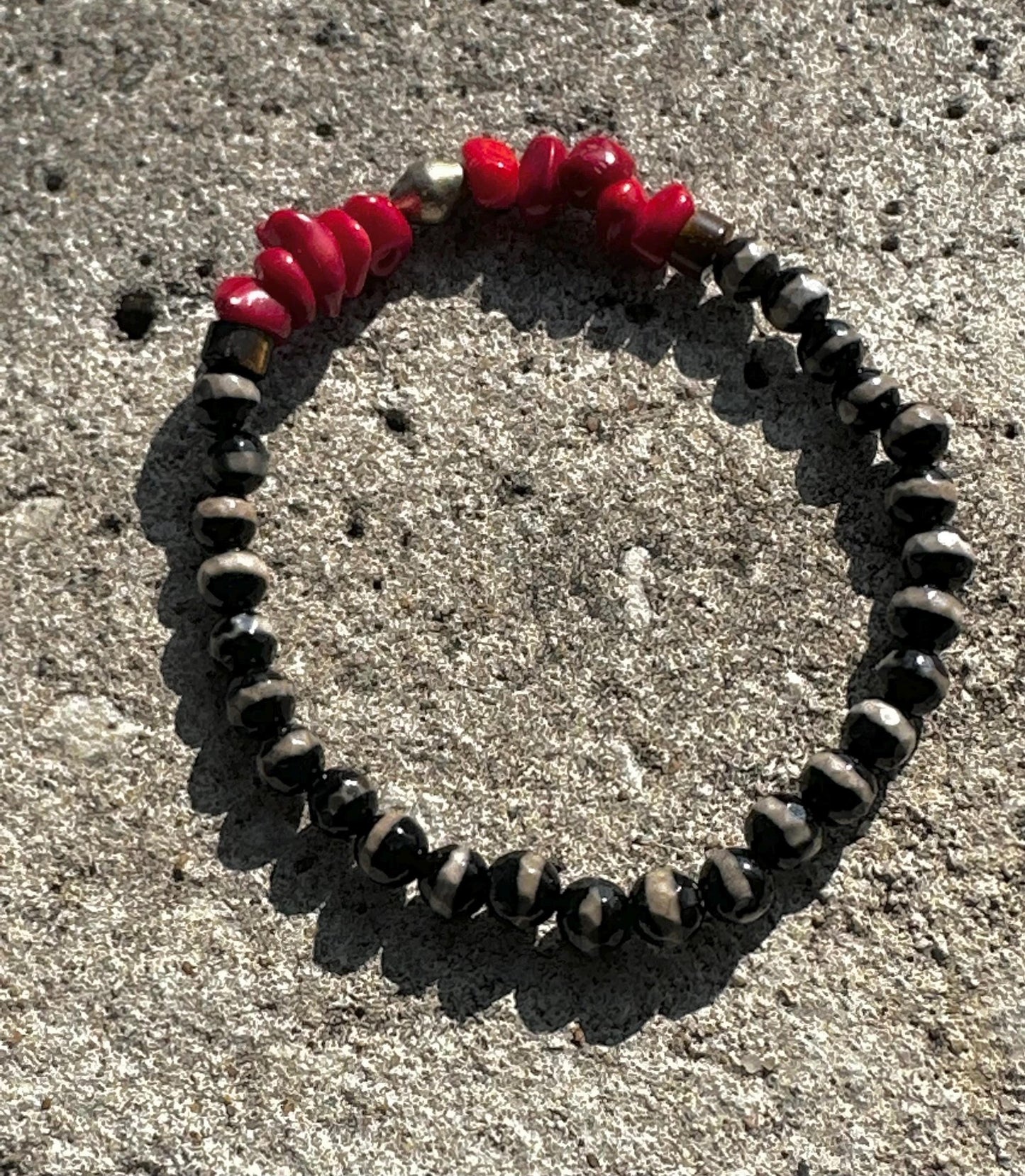 Agate & Red Coral Beaded Bracelet, Unisex Silver Accent