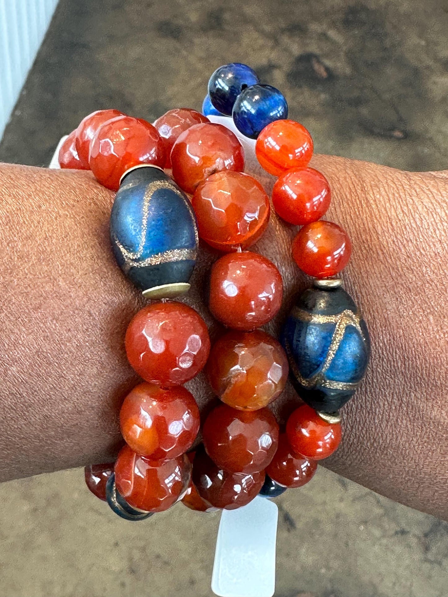Blue and Orange Gemstone Beaded Bracelet Set