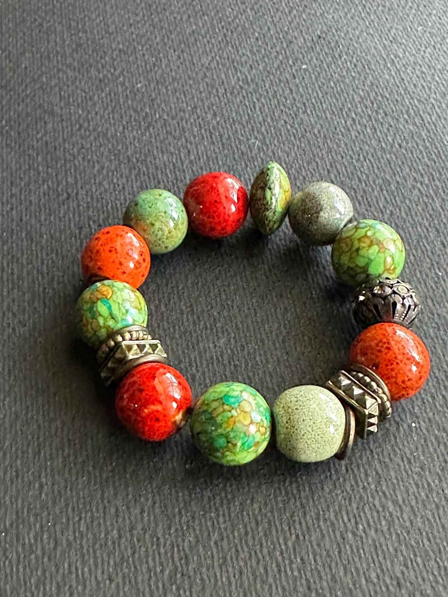 Green, Red & Orange Ceramic and Metal Unisex Bracelet