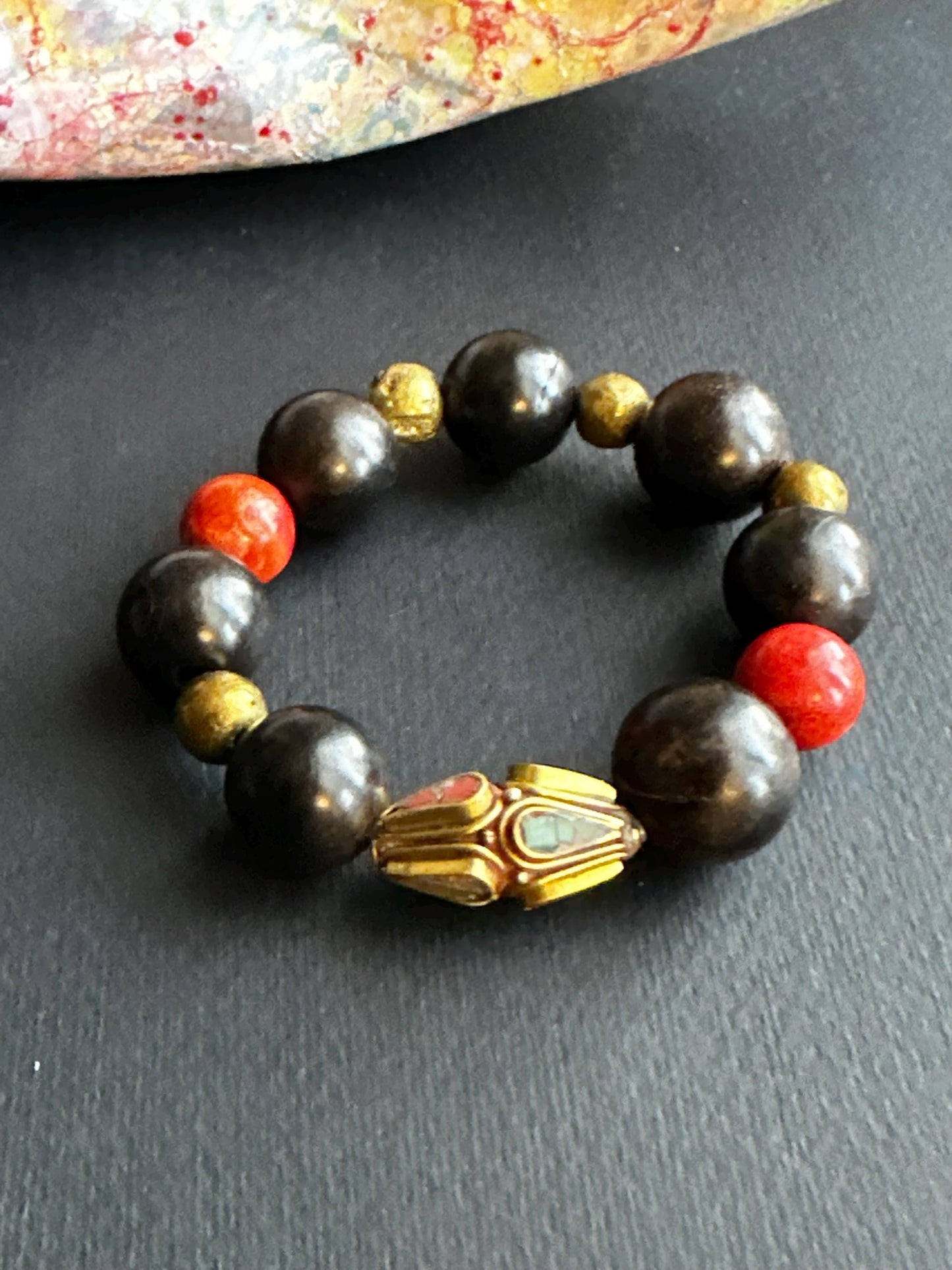 Espresso Wood Beaded Bracelet with Inlaid Brass Accent Beads