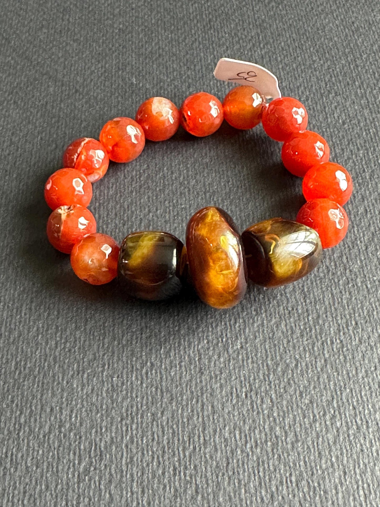 Orange Gemstone and Brown Resin Bracelet Size 7.5