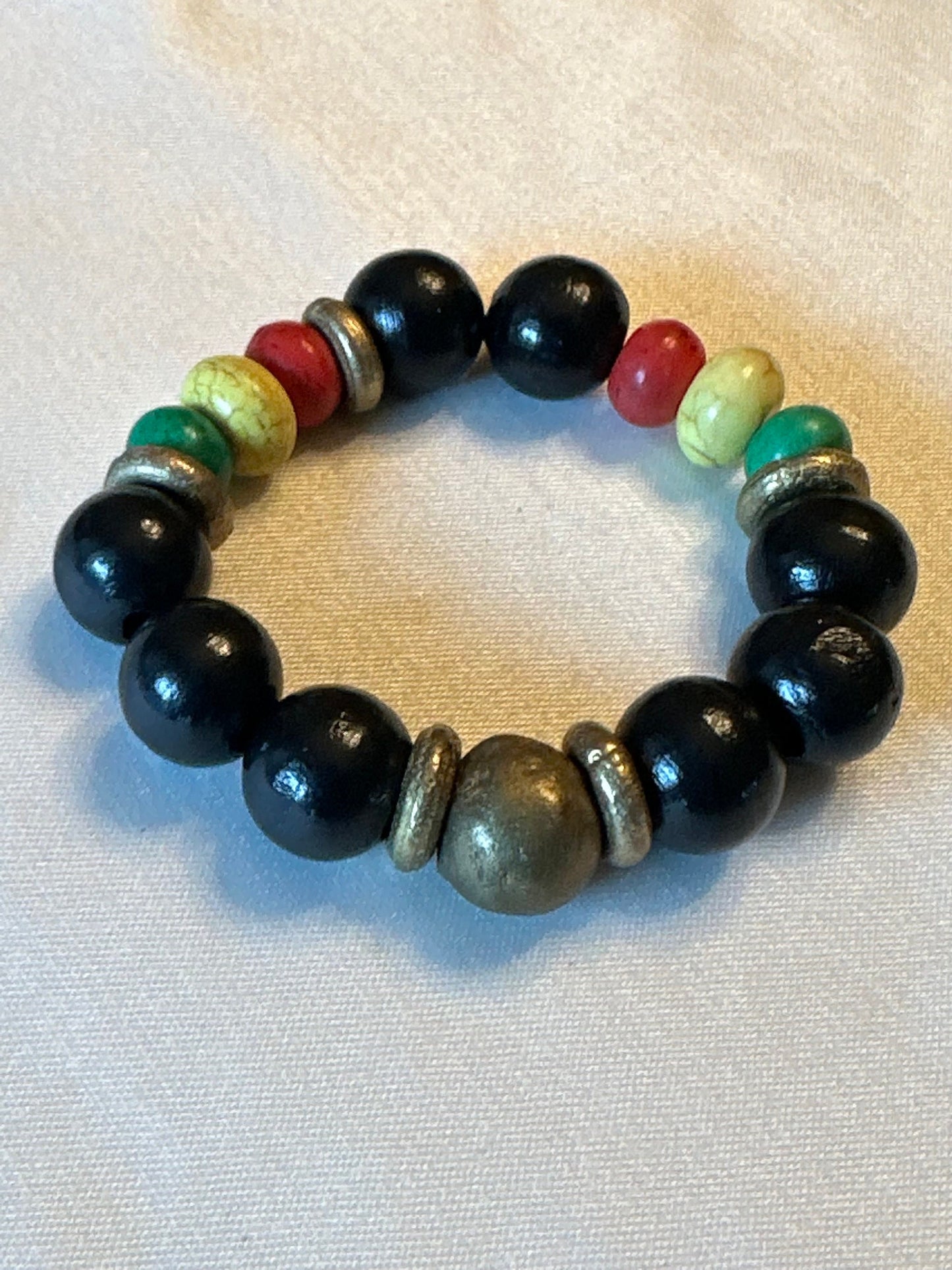 Black Red Yellow Green Wood and Brass Unisex Bracelet
