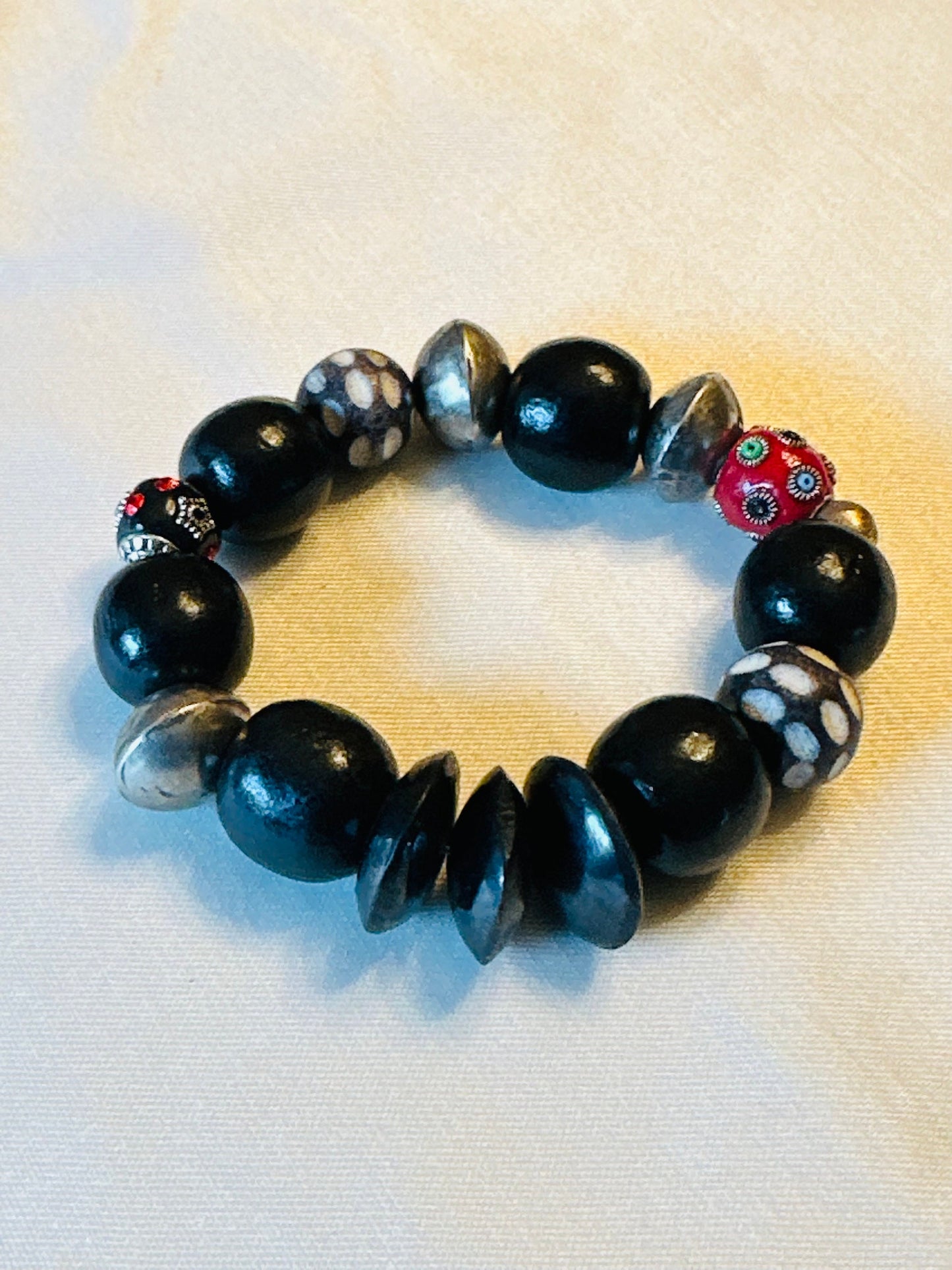 Black Wood and Silver Beaded Bracelet with Philippine Wood Beads with Petite Ceramic Accent Beads