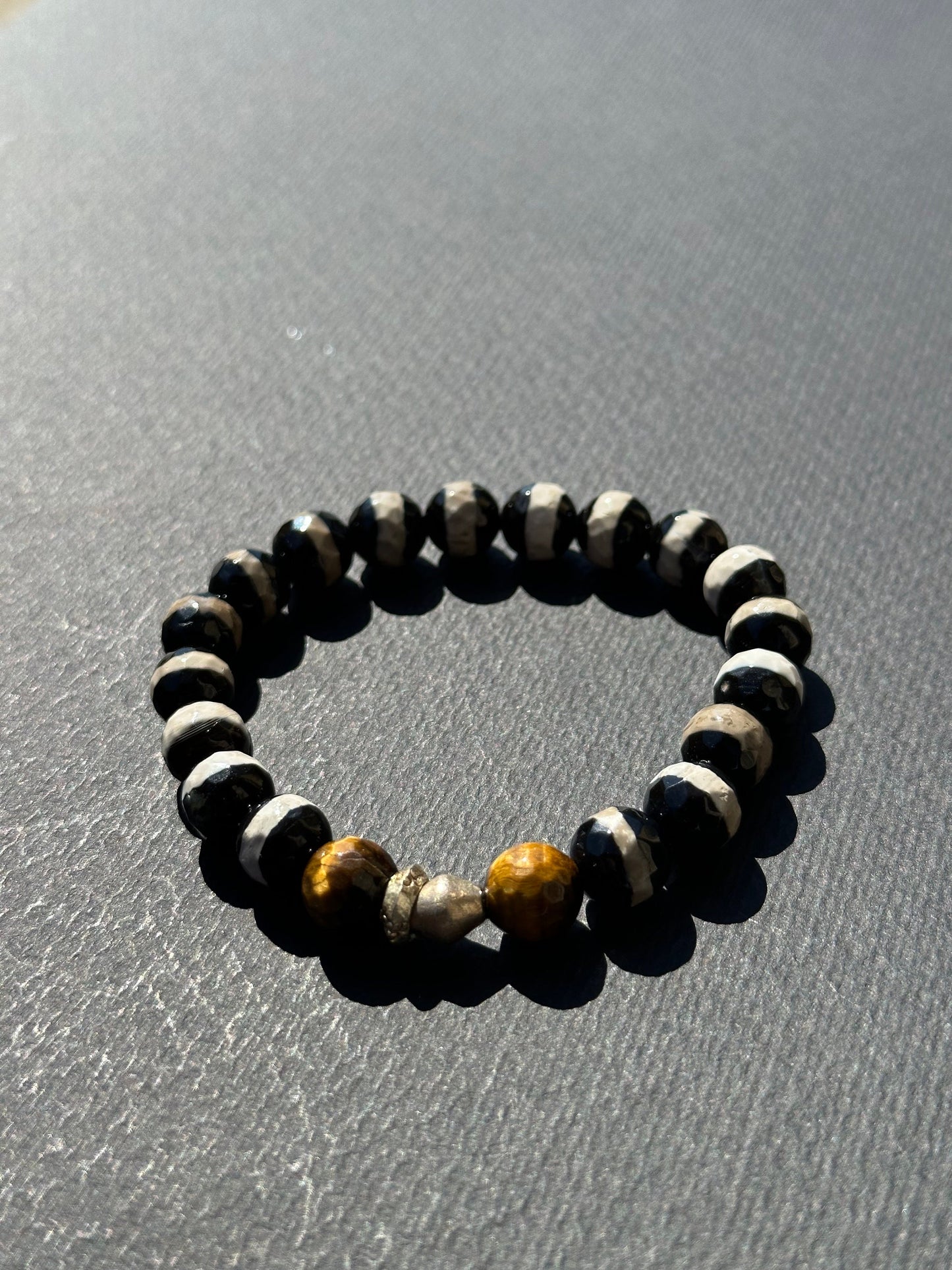 Unisex Black and White Agate with Tiger’s Eye and Ethiopian Silver Accent Beads for Women and Men