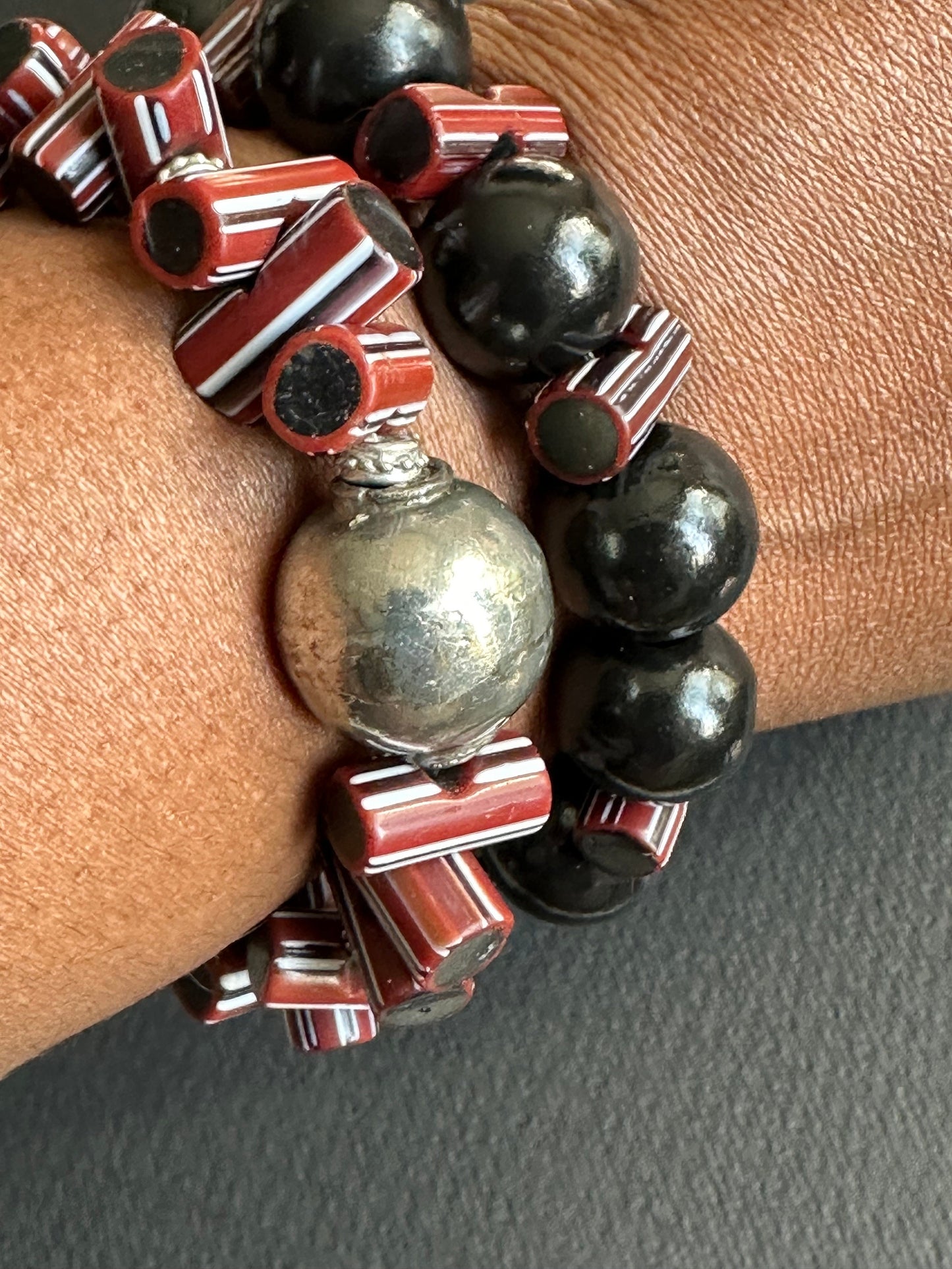 Black Wood Beaded Bracelet with Striped Java Beads