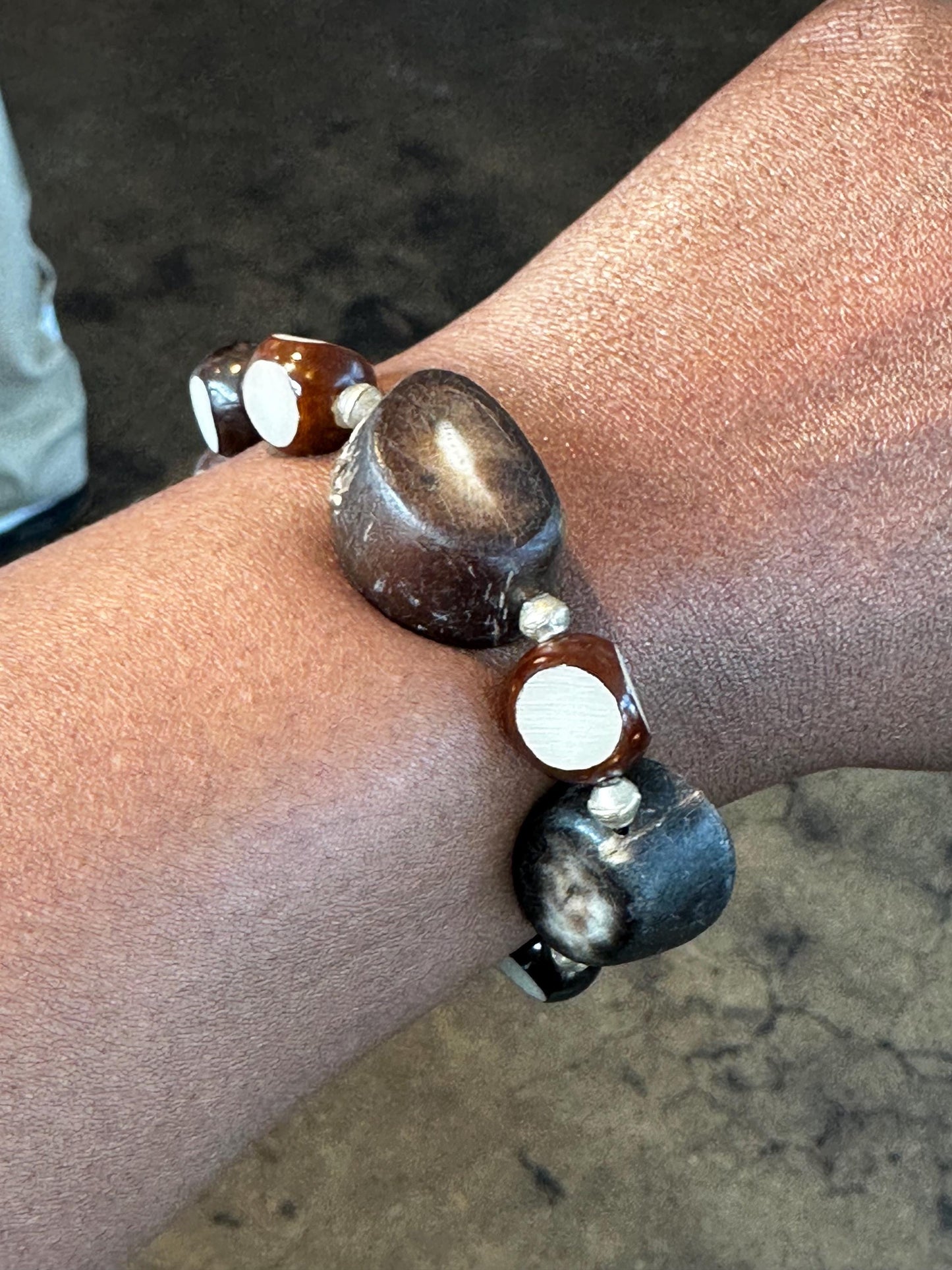 Carved Nut Wood Faceted Beaded Bracelet