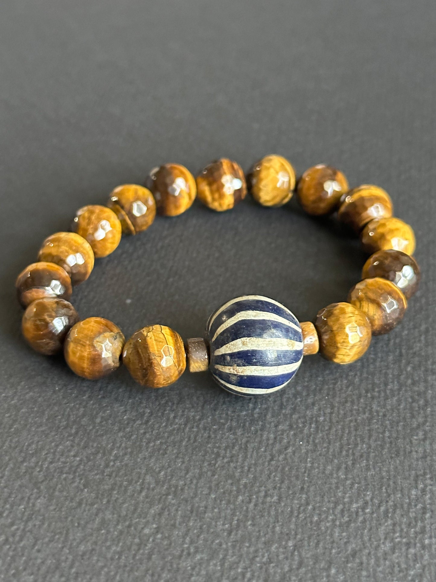Tiger’s Eye Unisex Bracelet with Navy and White Java Focal Bead