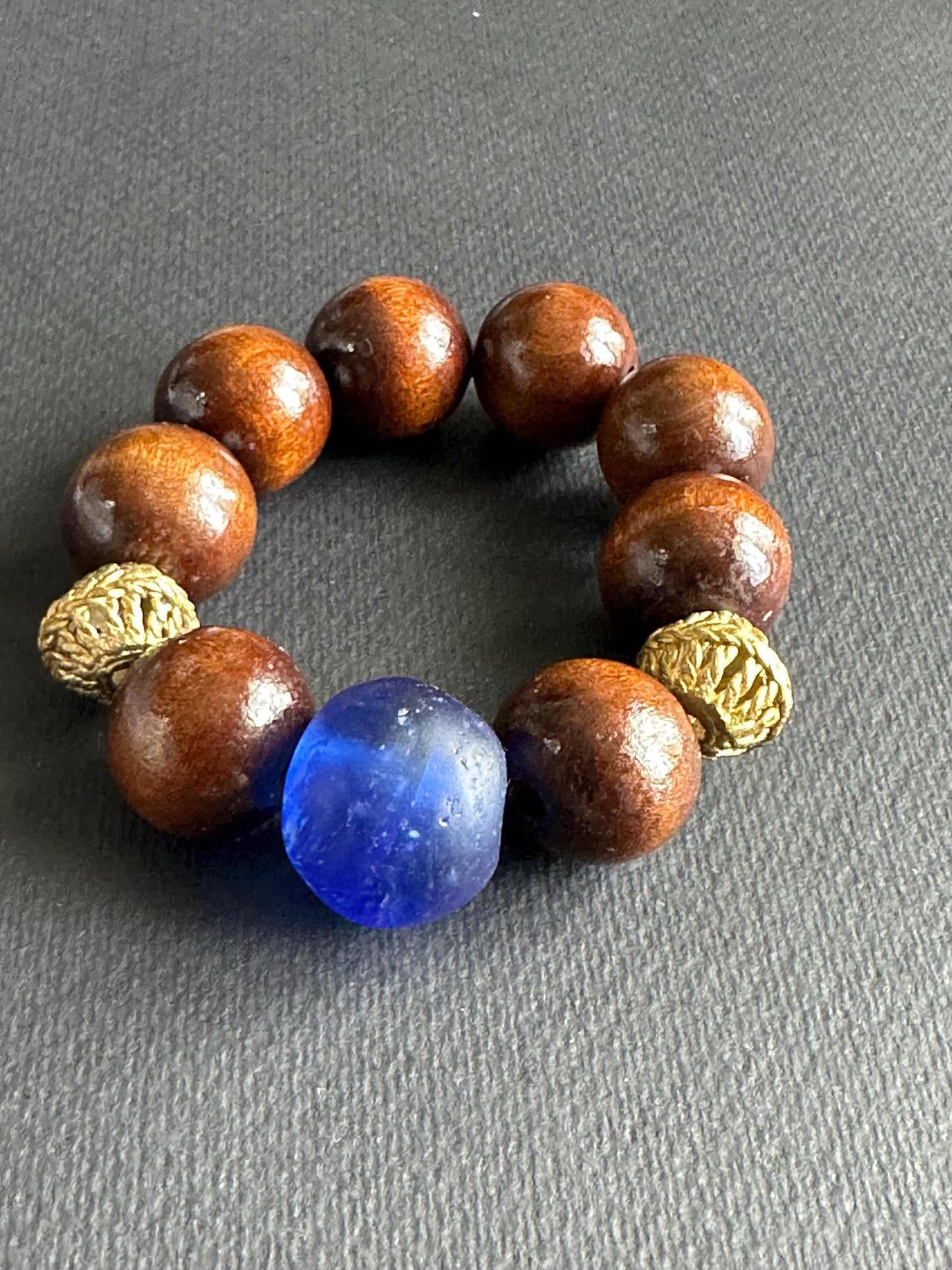 Large Wood Boho with Blue Recycled Glass Focal Bead Unisex Bracelet for Men and Women
