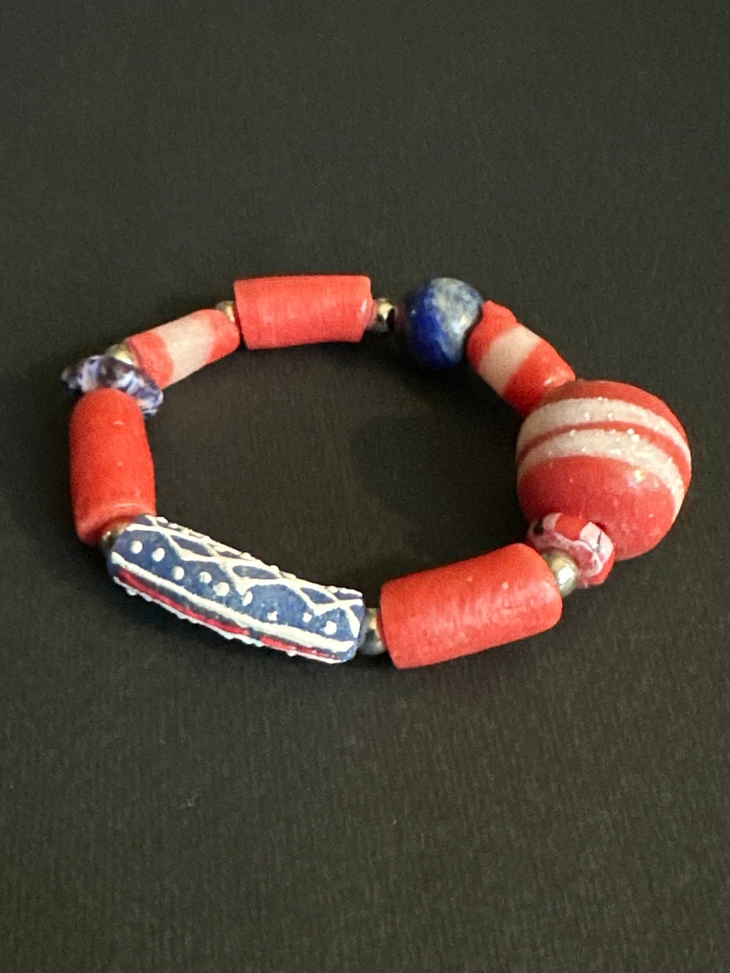 Red White and Blue Recycled African Glass Krobo Beaded Bracelet-Unisex