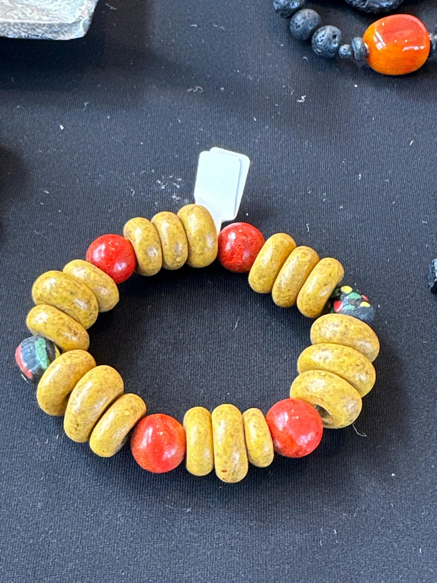Mustard Gold and Red Clay, Ceramic and Java Beaded Bracelet