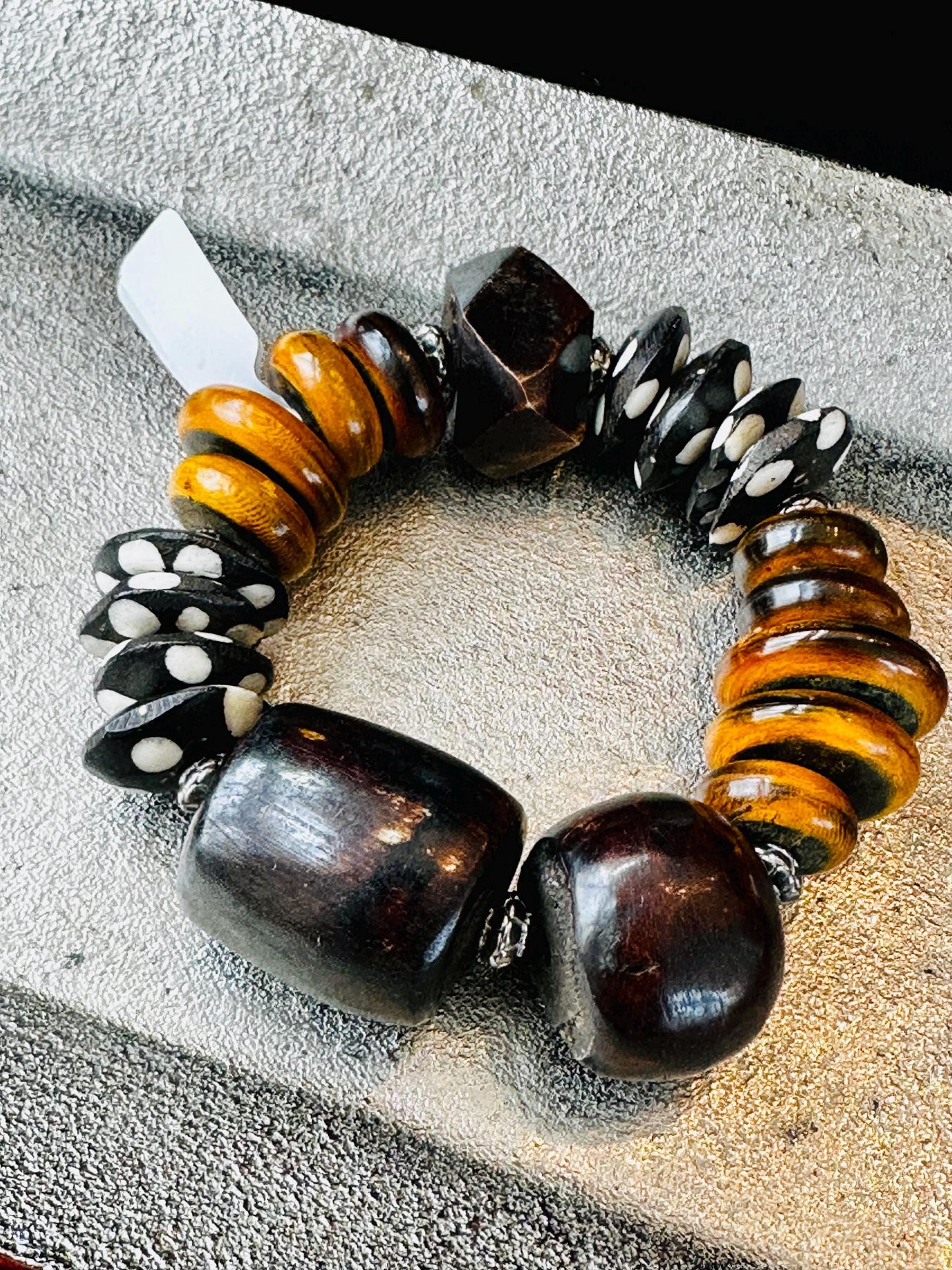 BohoChic Unisex Bracelet Handcrafted with Multi Shaped Bone and Horn Disc Beads.