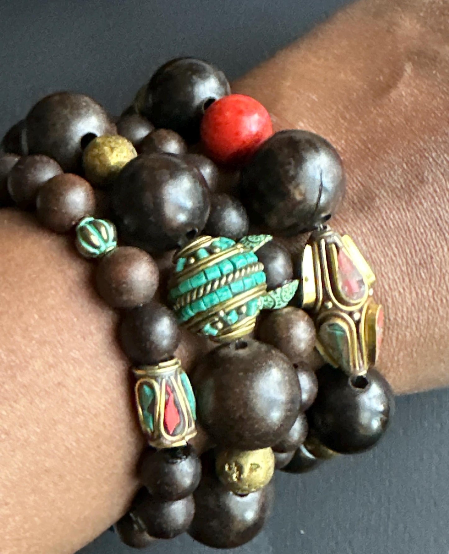 Espresso Wood Beaded Bracelet with Inlaid Brass Accent Beads